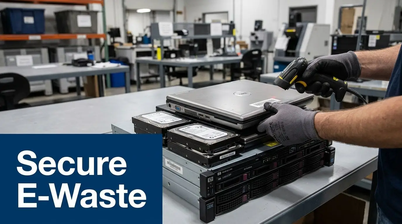 A gloved person scans a laptop on a stack of e-waste, including hard drives and servers, for secure recycling.