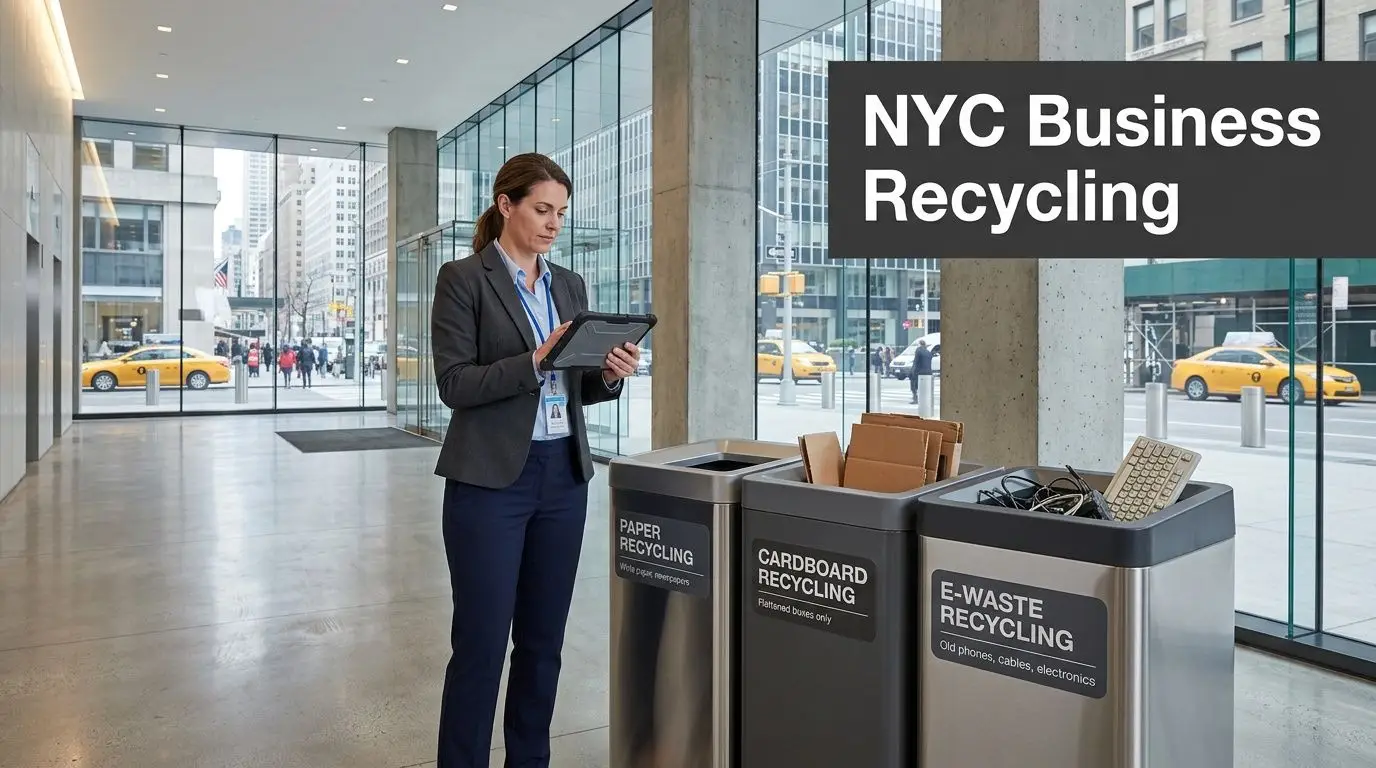 A businesswoman uses a tablet next to three recycling bins in a modern NYC office lobby.