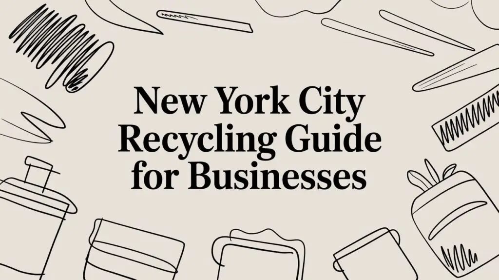 Text reading "New York City Recycling Guide for Businesses" is centered on a light background, surrounded by simple line drawings of various recyclable items, such as containers, bottles, and utensils.
