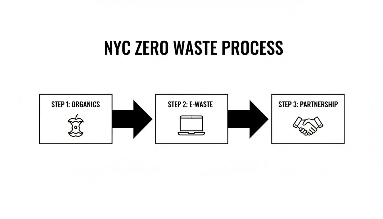A diagram illustrating the NYC Zero Waste Process with three steps: Organics, E-Waste, and Partnership.