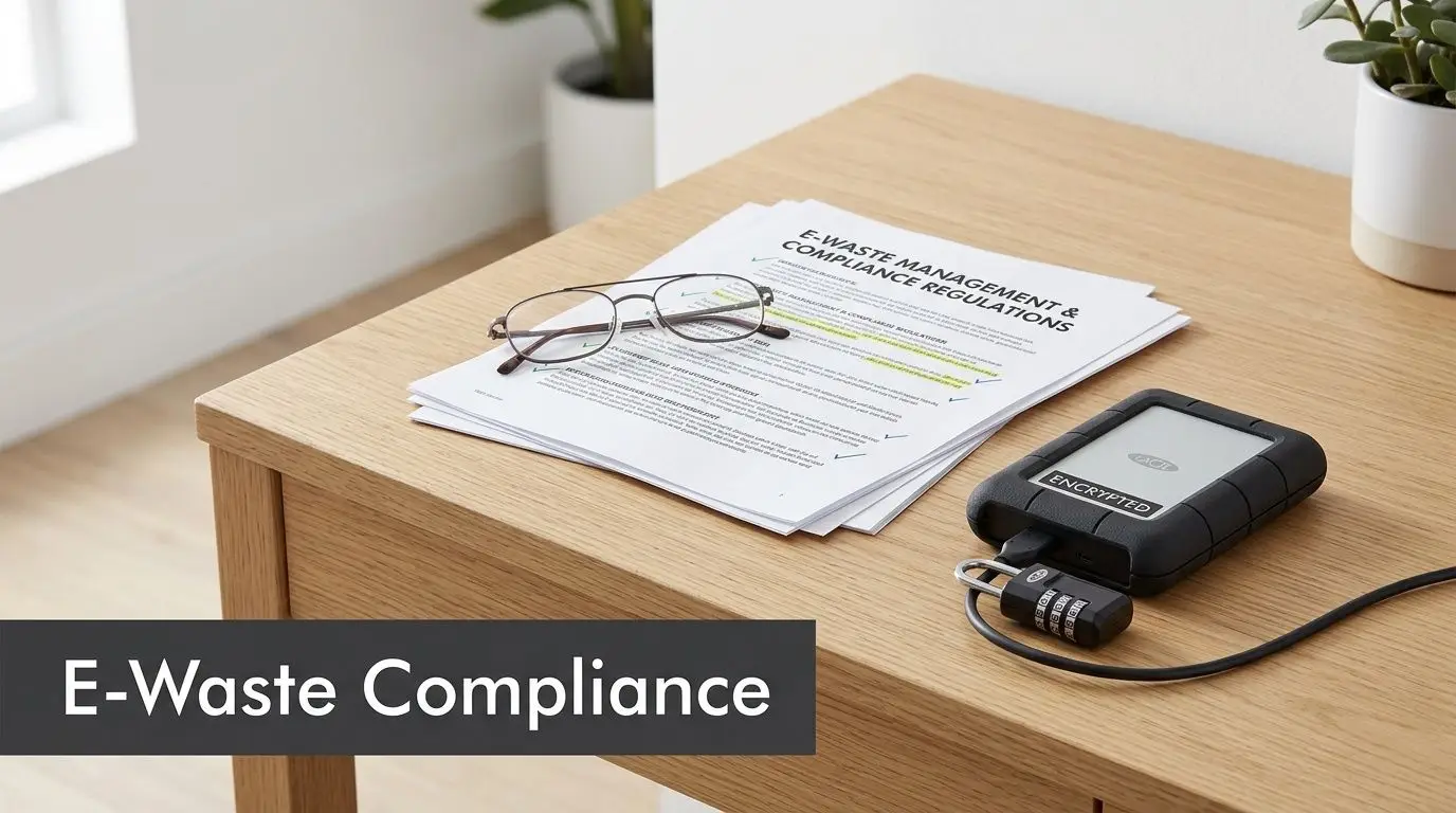 Papers on E-Waste Compliance regulations with glasses and an encrypted hard drive locked by a padlock.