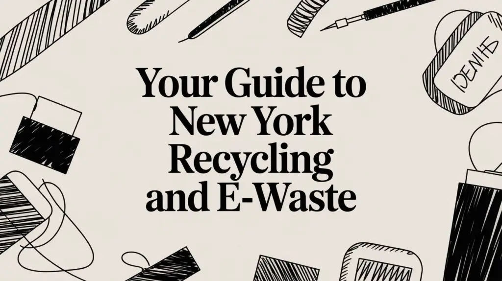 Text reads &ldquo;Your Guide to New York Recycling and E-Waste&rdquo; in bold letters, surrounded by black and white illustrated electronics and stationery items on a beige background.