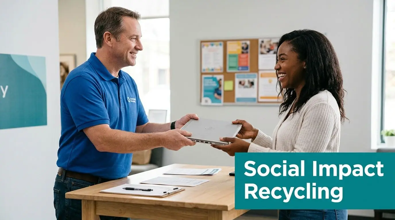Smiling man hands a silver laptop to a woman over a table, likely for recycling.