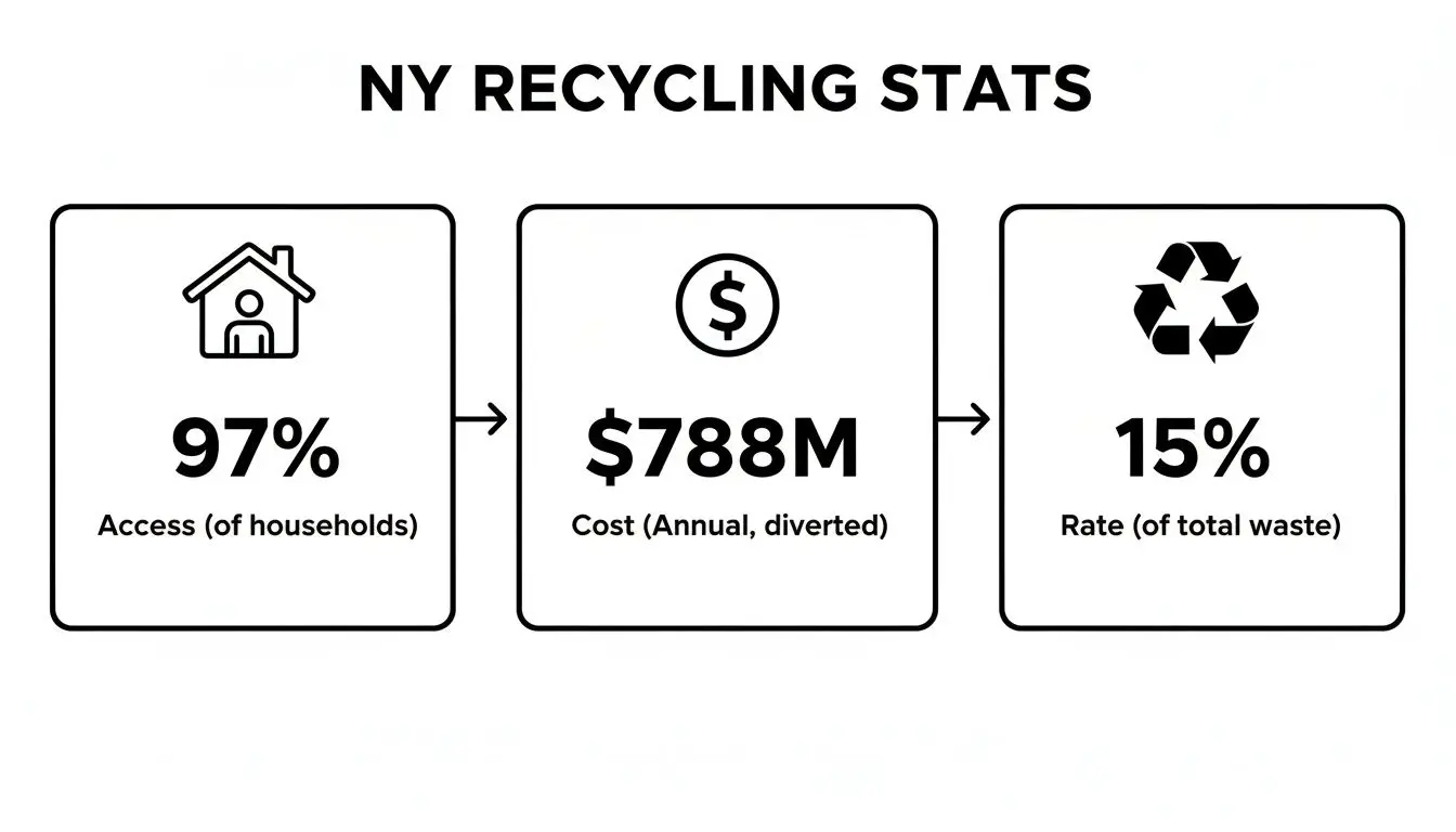 Infographic displaying New York recycling statistics: 97% household access, $788M annual cost, and 15% waste diversion rate.