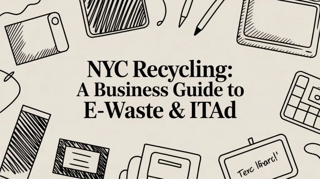 A graphic with hand-drawn illustrations of electronics and office supplies surrounds the text: "NYC Recycling: A Business Guide to E-Waste & ITAd.