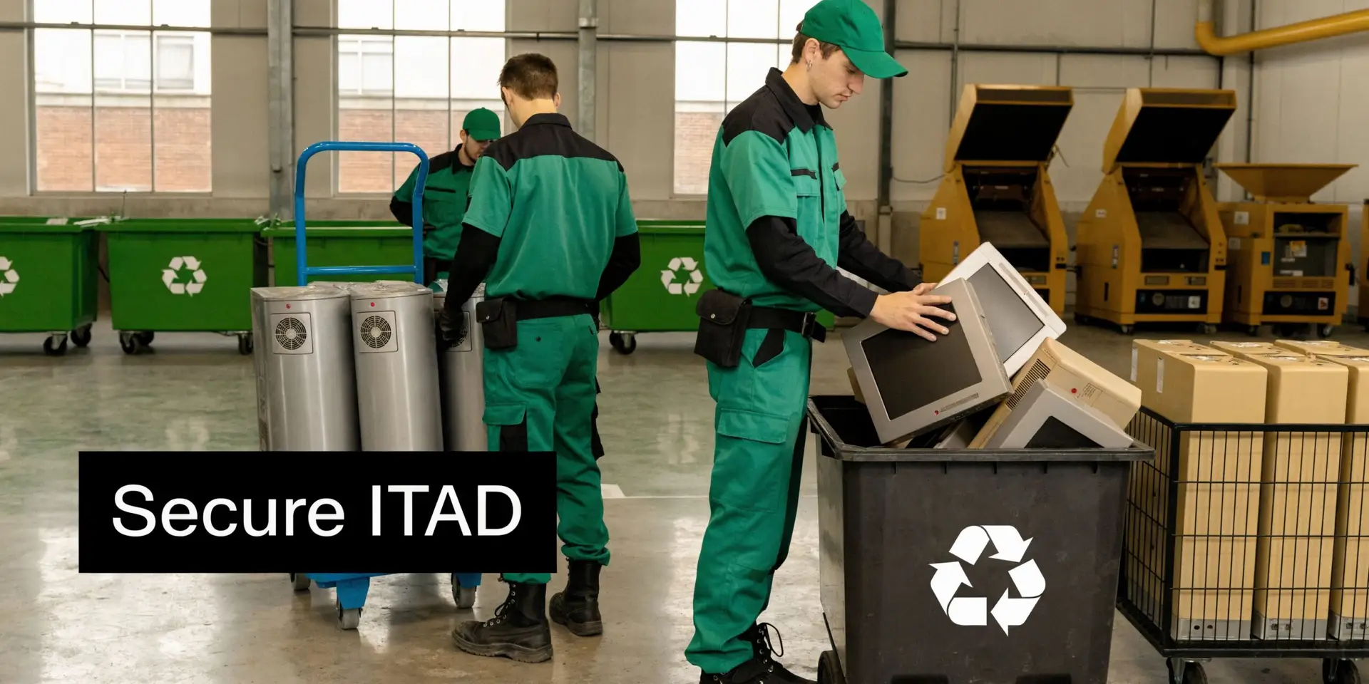 Three workers in green uniforms processing and recycling old computer monitors and electronics in a warehouse facility.