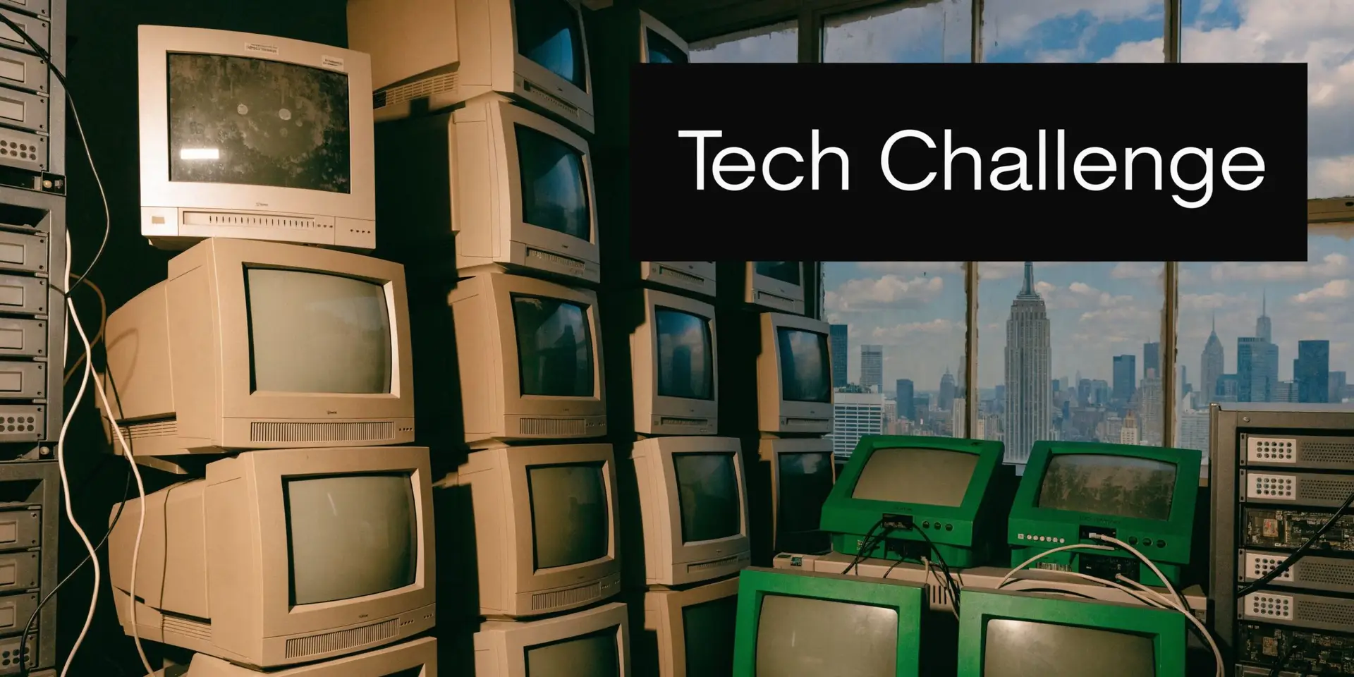 A stack of old vintage computer monitors in a room overlooking the New York City skyline.