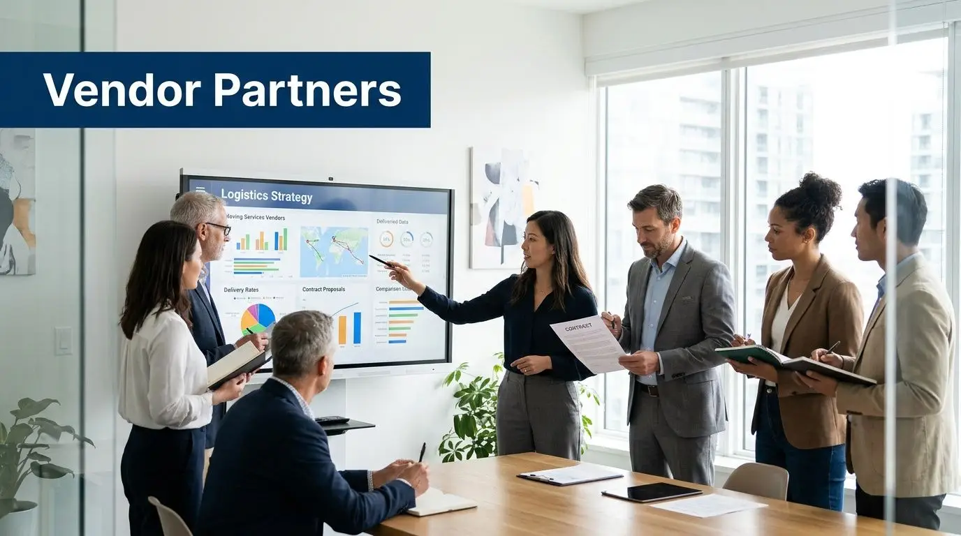 A diverse team of professionals holds a strategy meeting to discuss logistics and vendor partner contracts.