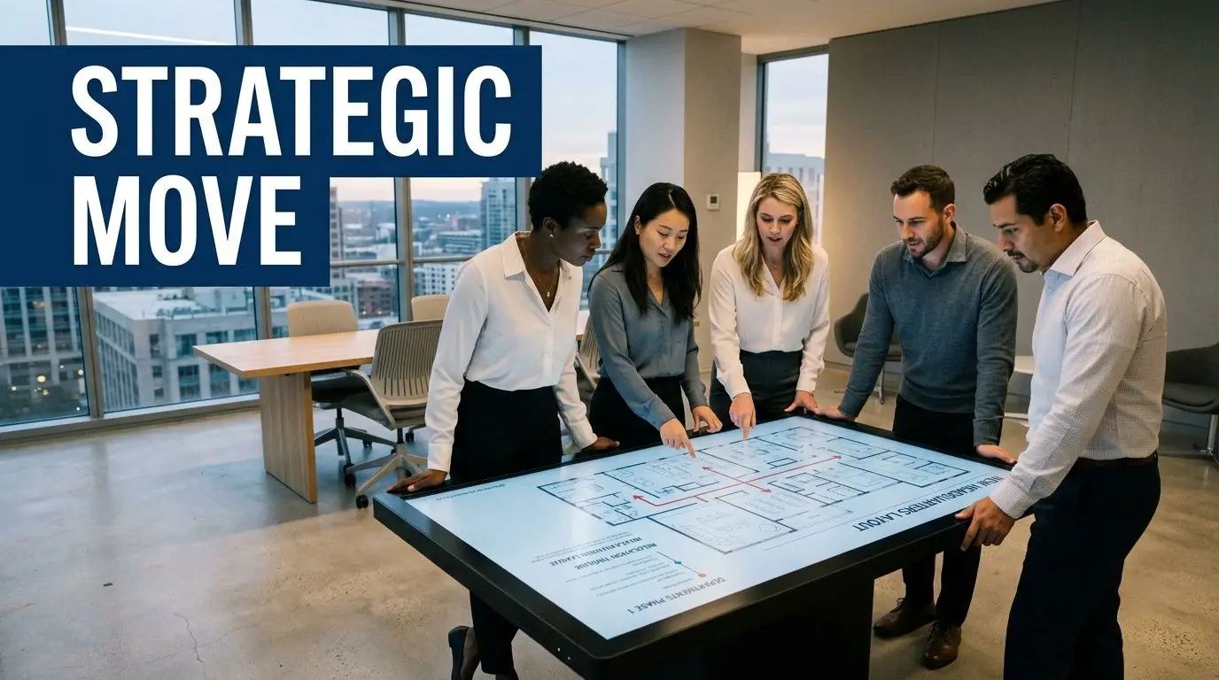 A professional team of business people reviewing a floor plan on a large digital table in office.