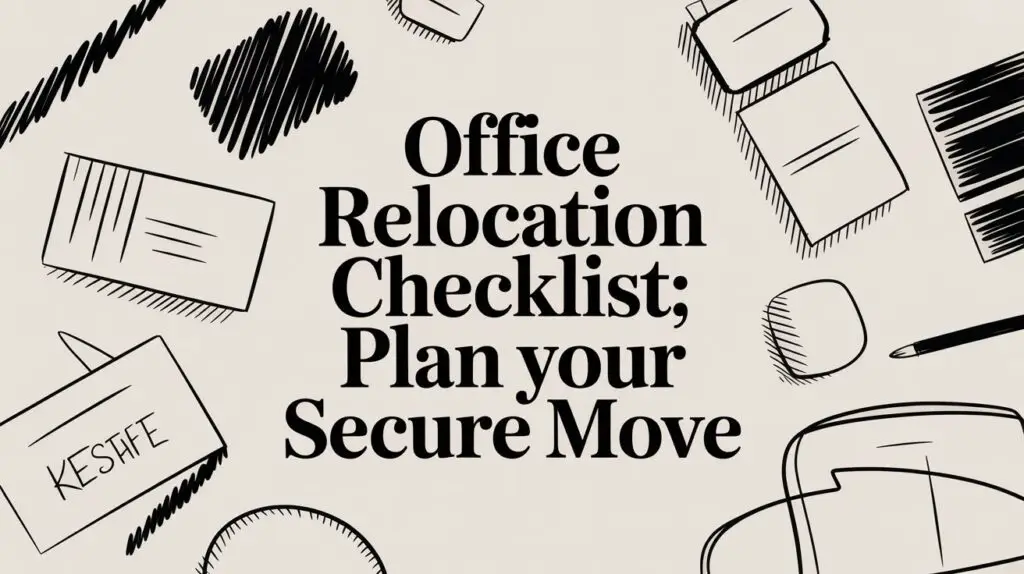 Text "Office Relocation Checklist; Plan your Secure Move" is centered on a beige background, surrounded by black and white sketch-style drawings of office supplies like notepads, pens, boxes, and a nametag labeled "KESHE".