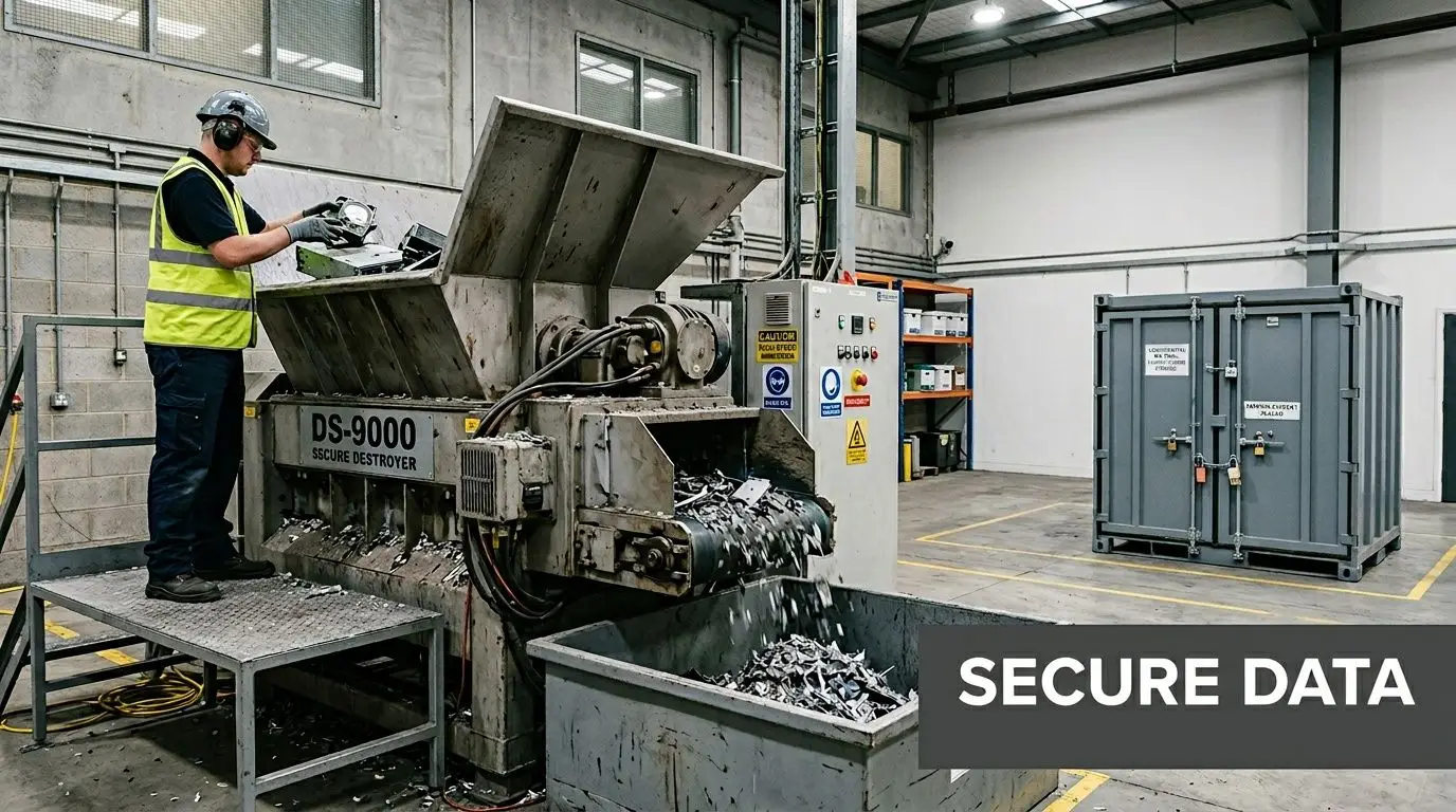 A technician wearing safety gear destroys electronic hardware equipment in a secure industrial facility for data protection.