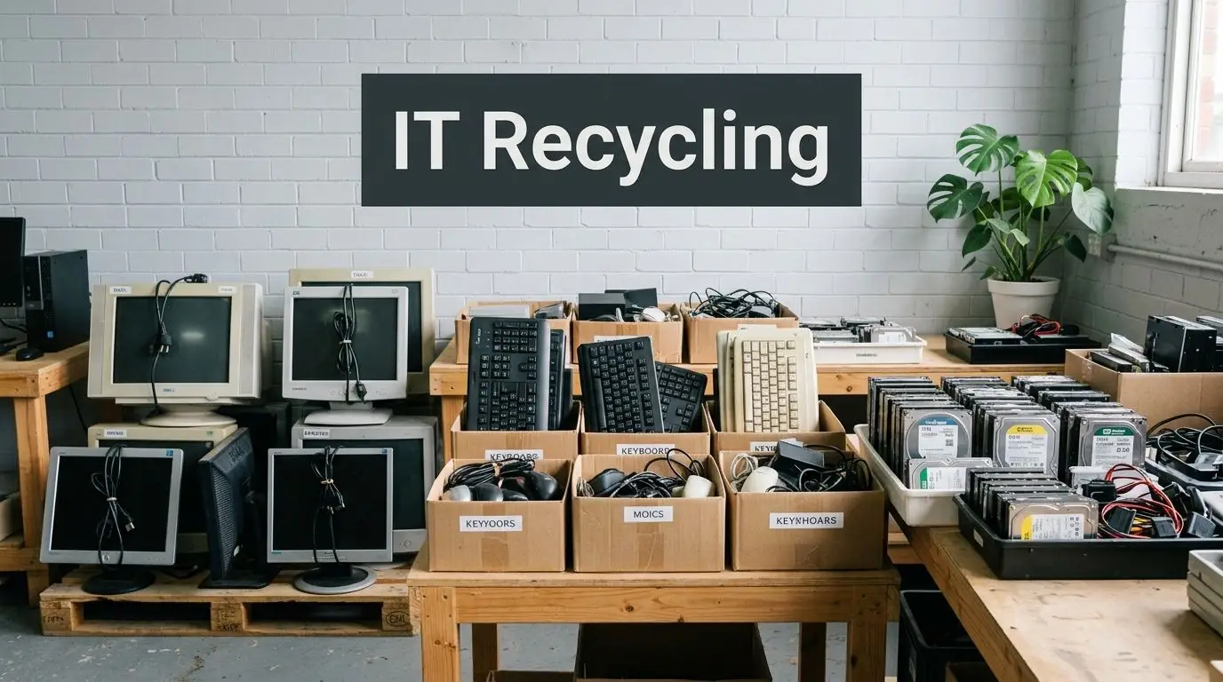 A warehouse setup for IT recycling with boxes of old keyboards, computer mice, and many hard drives.