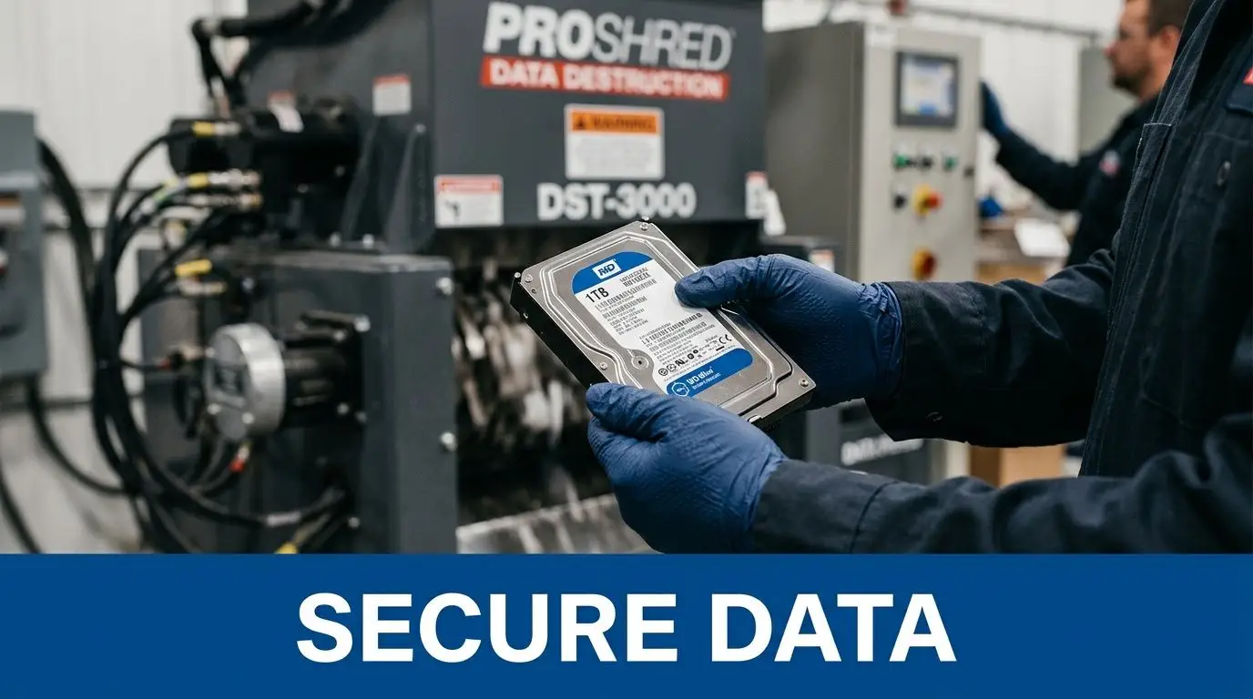 A technician wearing blue gloves prepares a hard drive for secure data destruction at a shredding facility.