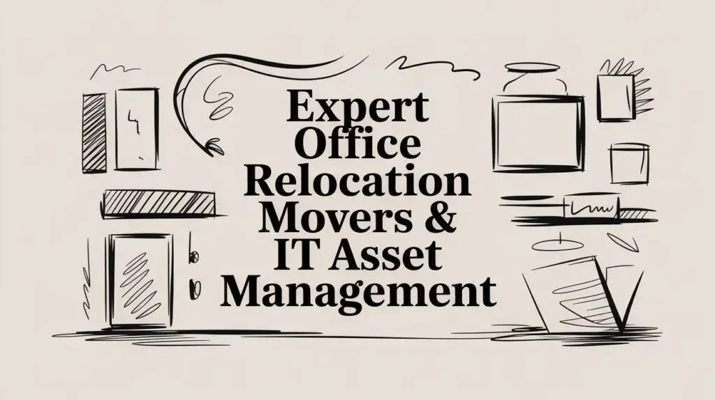 A black and white sketch-style graphic with the text "Expert Office Relocation Movers & IT Asset Management" surrounded by drawings of office items like doors, paper, and picture frames.
