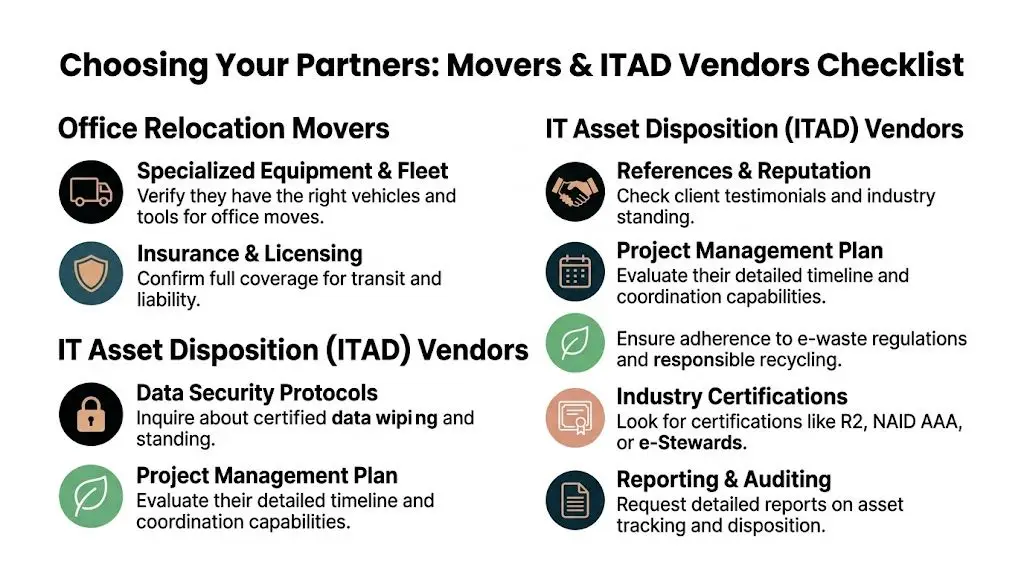 A checklist infographic titled Choosing Your Partners for office relocation movers and IT asset disposition vendors.
