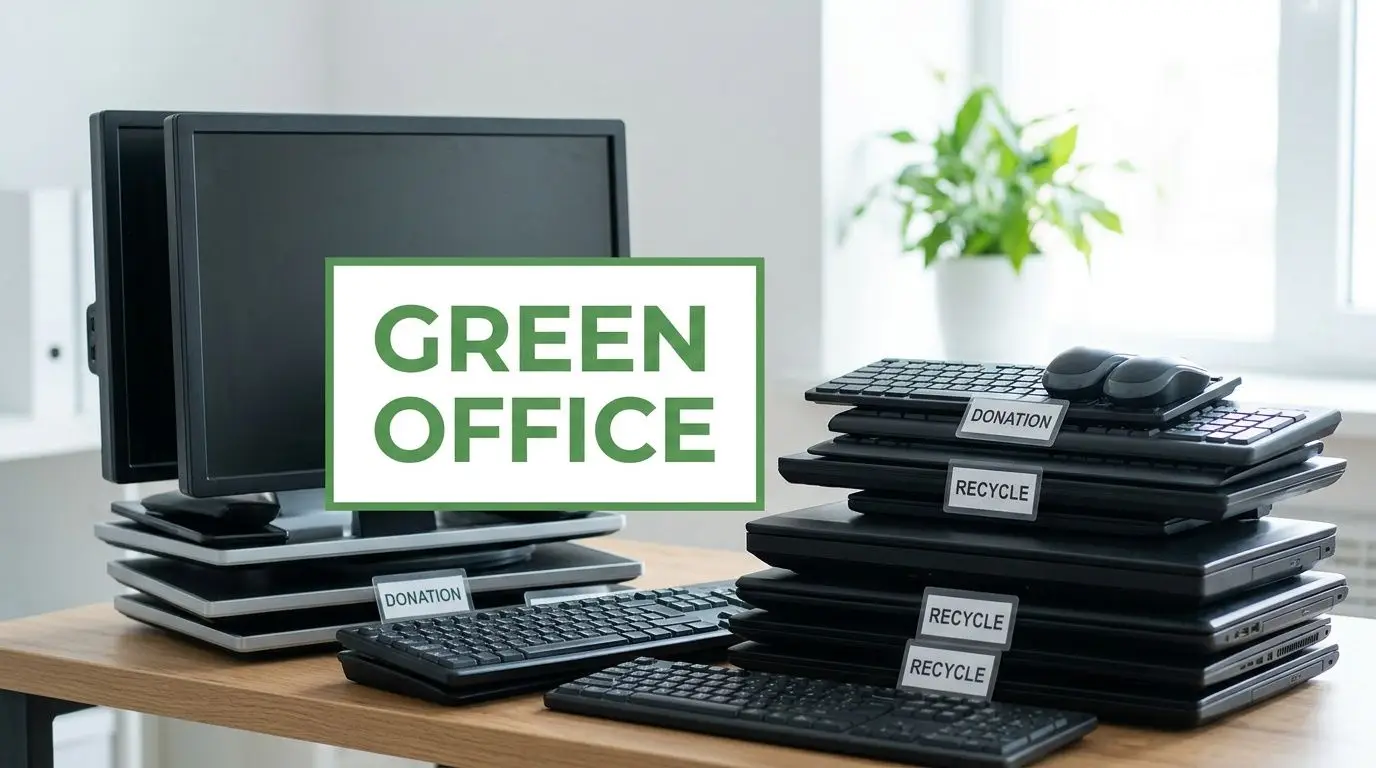 A wooden office desk with piles of old keyboards, laptops, and a computer monitor, labeled for recycling.