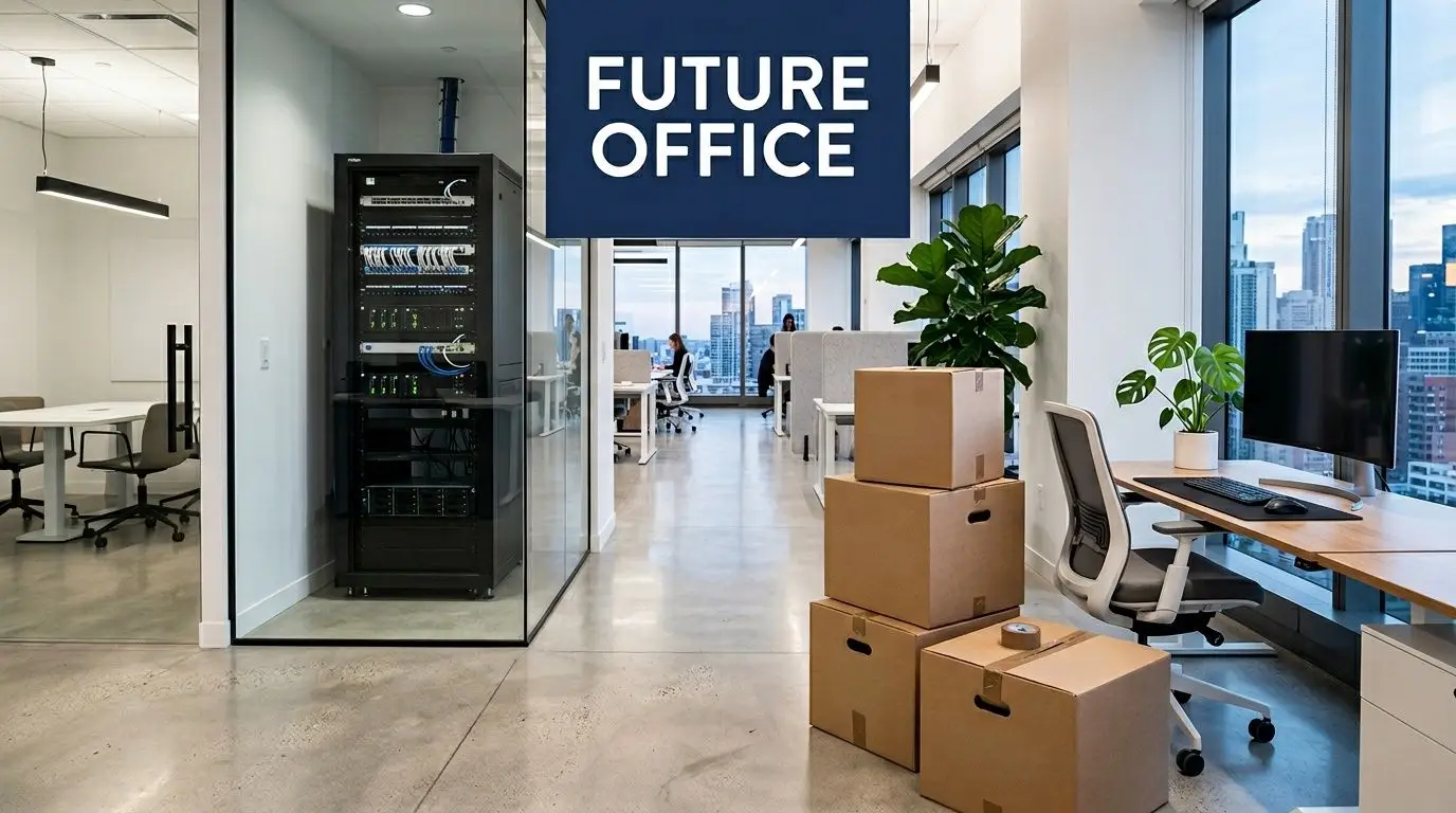 A modern office workspace with cardboard packing boxes during a corporate relocation and equipment moving process.