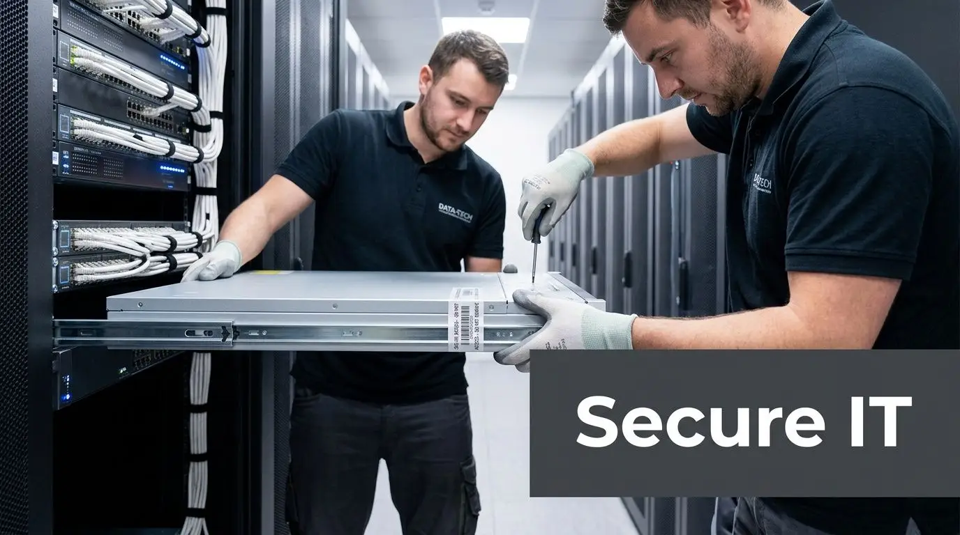 Two professional technicians in uniforms installing a rack-mounted server into a data center server cabinet.