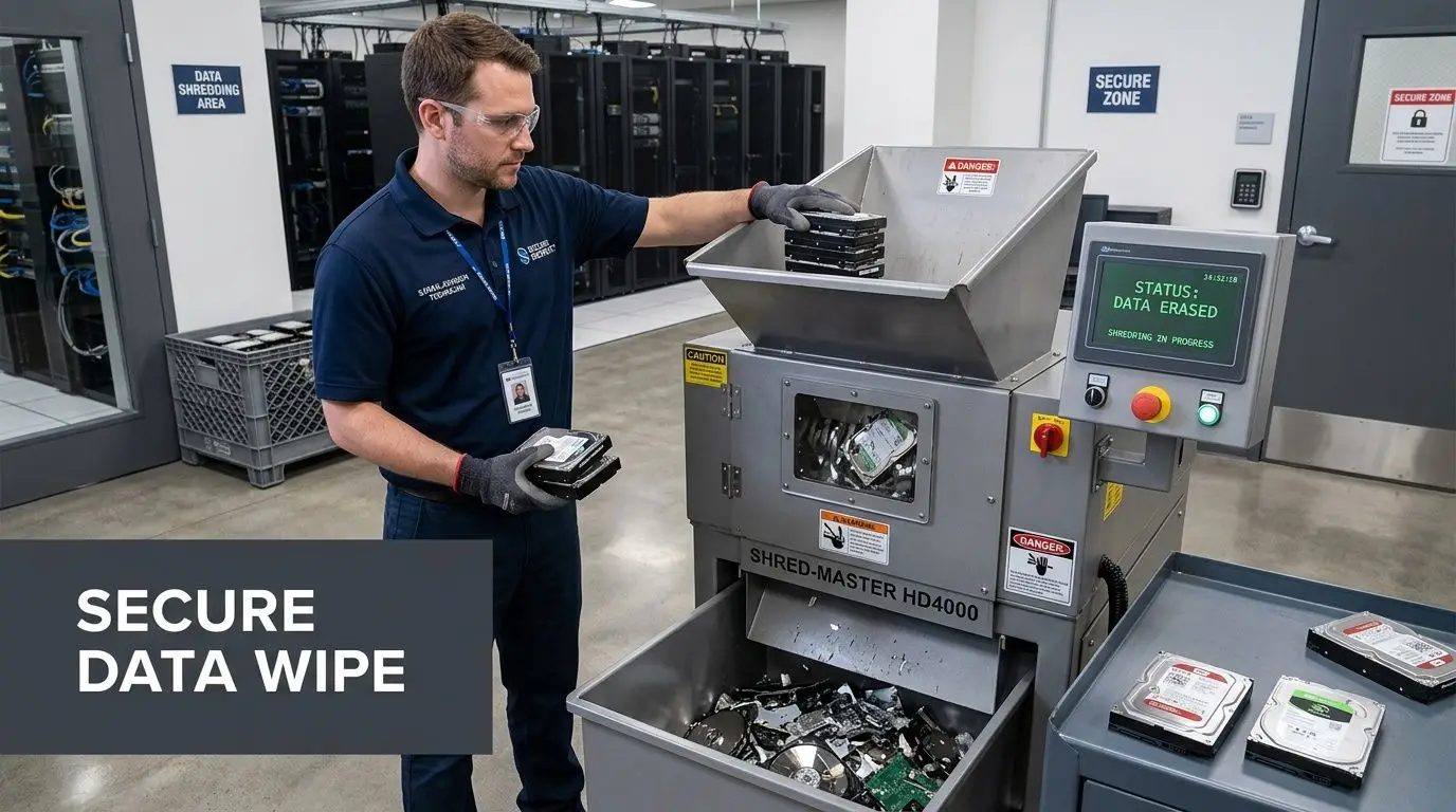 A professional technician in a data center securely destroying old hard drives using an industrial shredding machine.