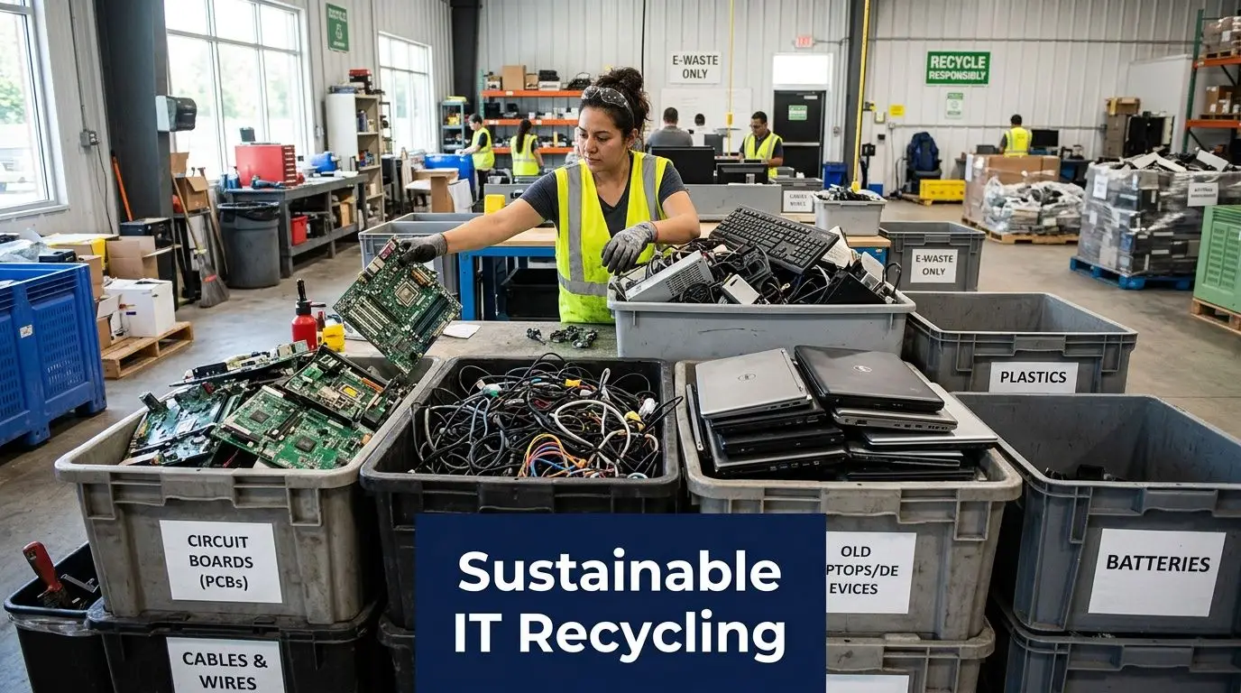 A woman working in an e-waste recycling facility, carefully sorting computer parts and electronic equipment.