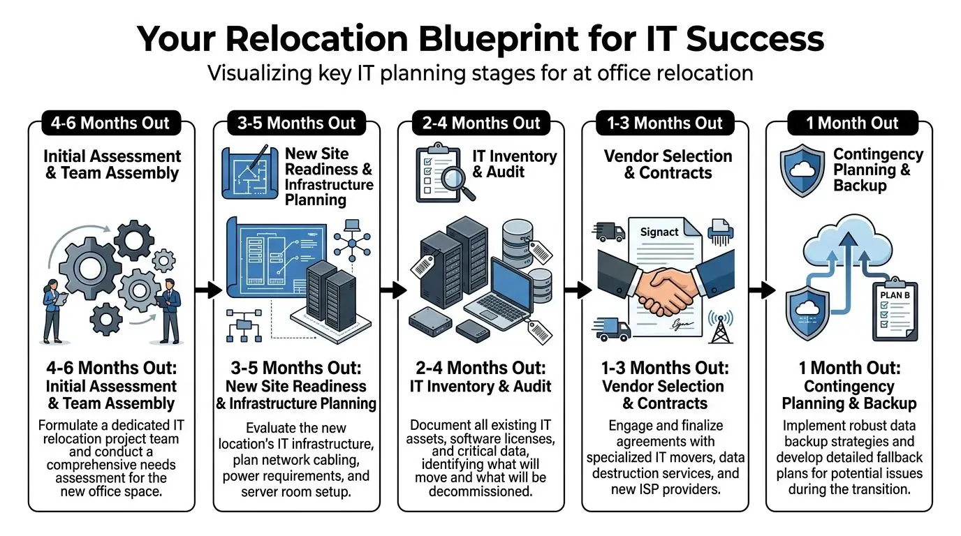 A five-stage infographic blueprint outlining the key phases and timeline for managing an IT office relocation.
