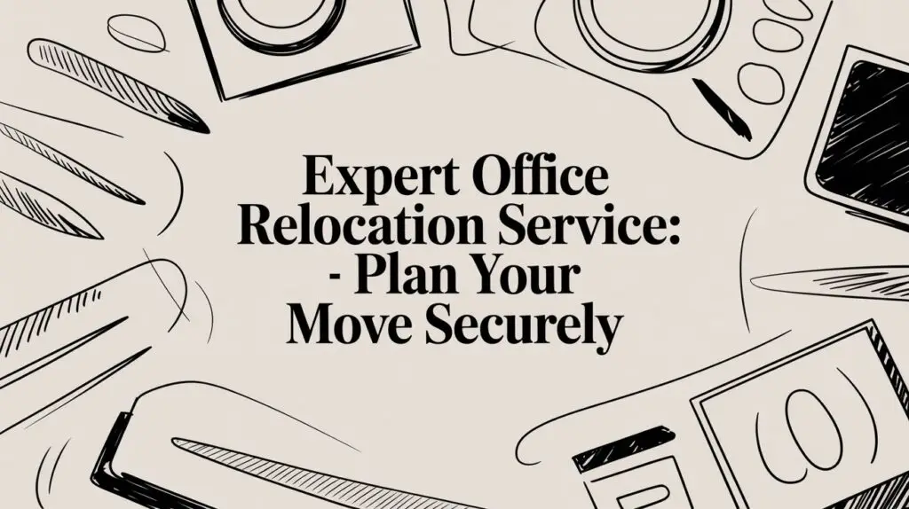 Text reads "Expert Office Relocation Service: - Plan Your Move Securely" surrounded by black and white illustrated office items like clips, folders, and electronics.