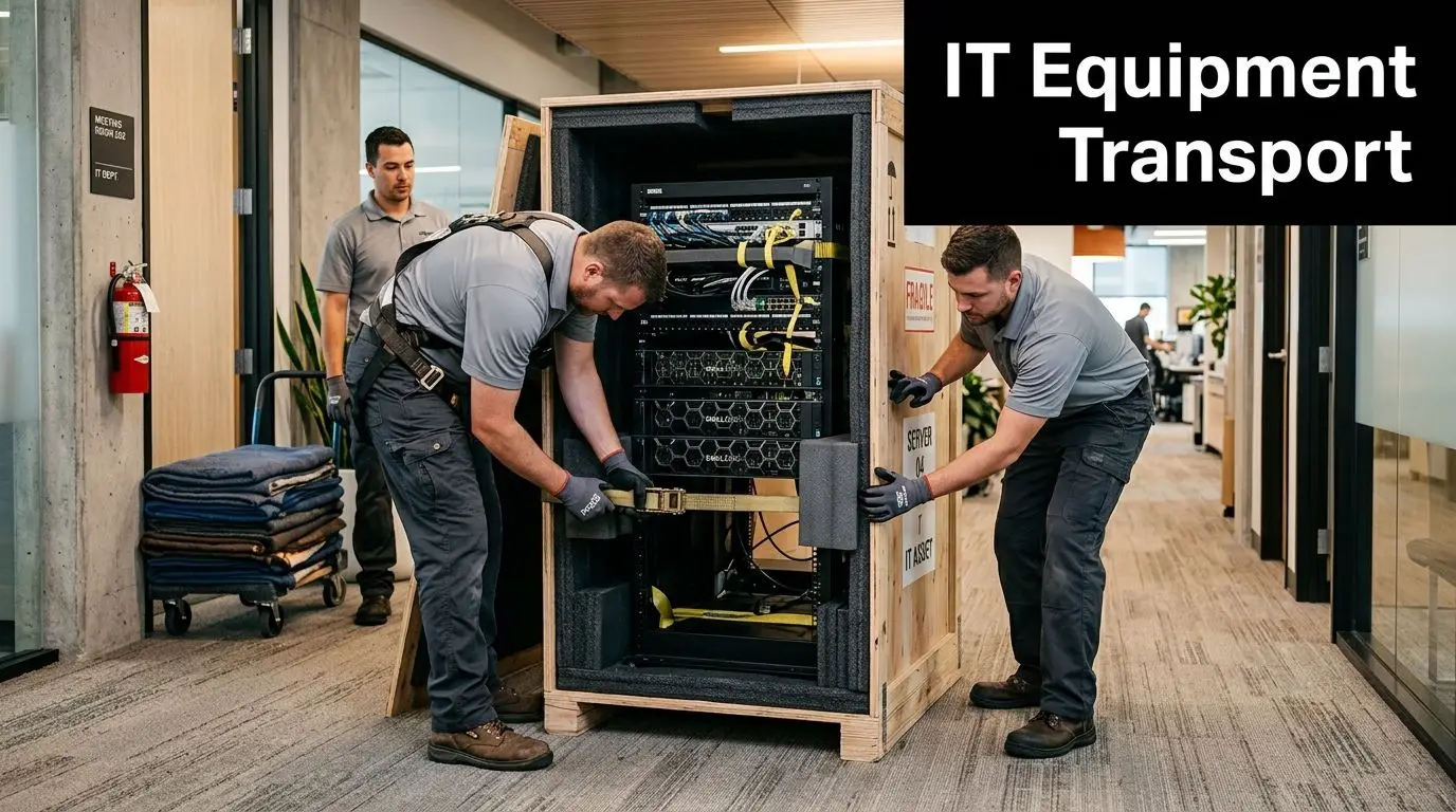 Two professional movers carefully transporting a large server rack in a wooden crate through an office corridor.
