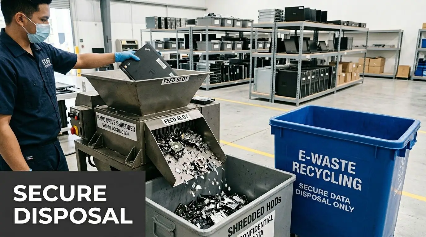 A technician in a mask and gloves feeds a hard drive into an industrial electronic waste shredder.