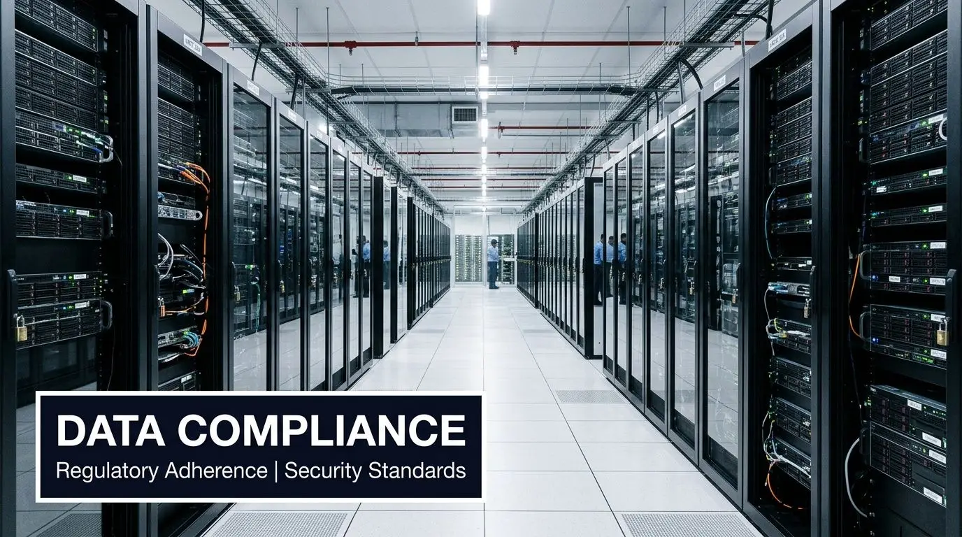 A professional data center featuring rows of server racks with IT technicians working in the background.