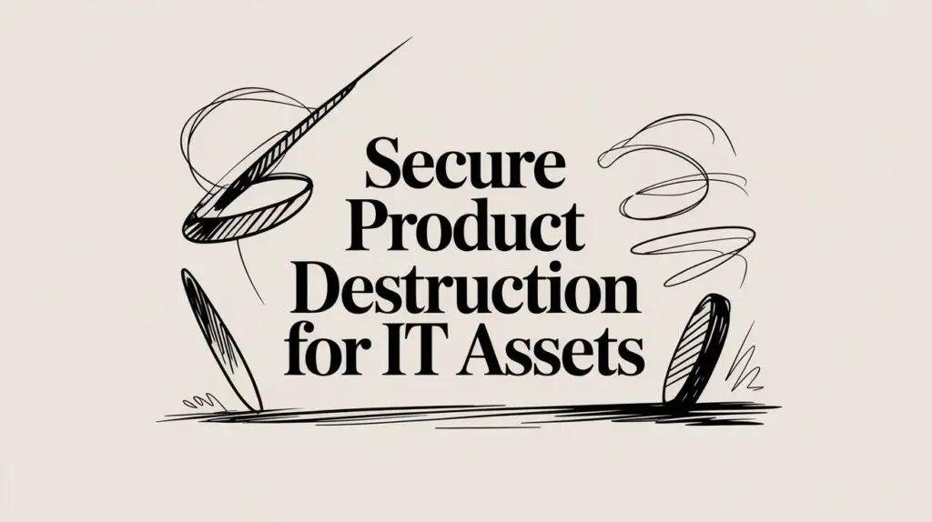 Text reading "Secure Product Destruction for IT Assets" is displayed in bold black font with abstract, hand-drawn black lines and swirls surrounding the text on a beige background.