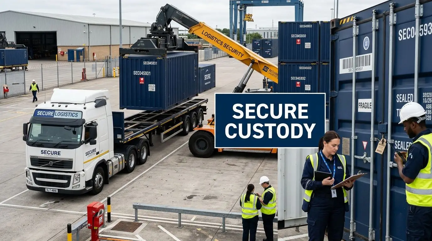 Security personnel managing logistics and container custody at an industrial shipping facility with a truck and crane.
