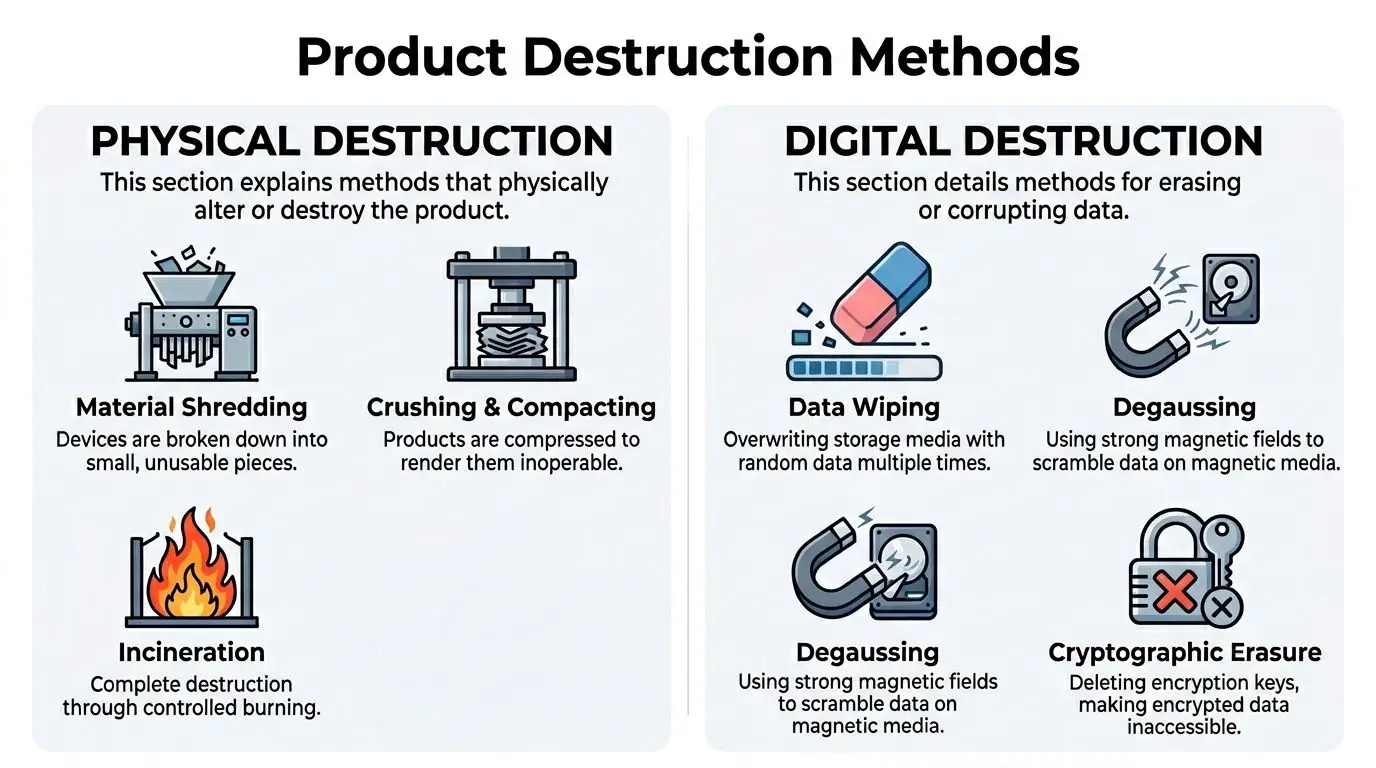 An infographic showing various physical and digital methods for secure product and data destruction.