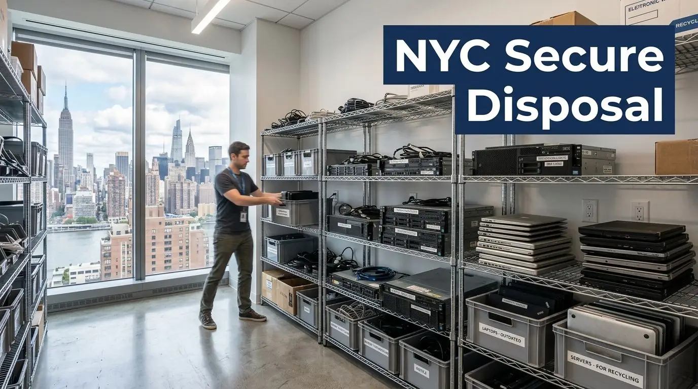 A technician organizing computer equipment in a secure NYC facility overlooking the Manhattan skyline for recycling.