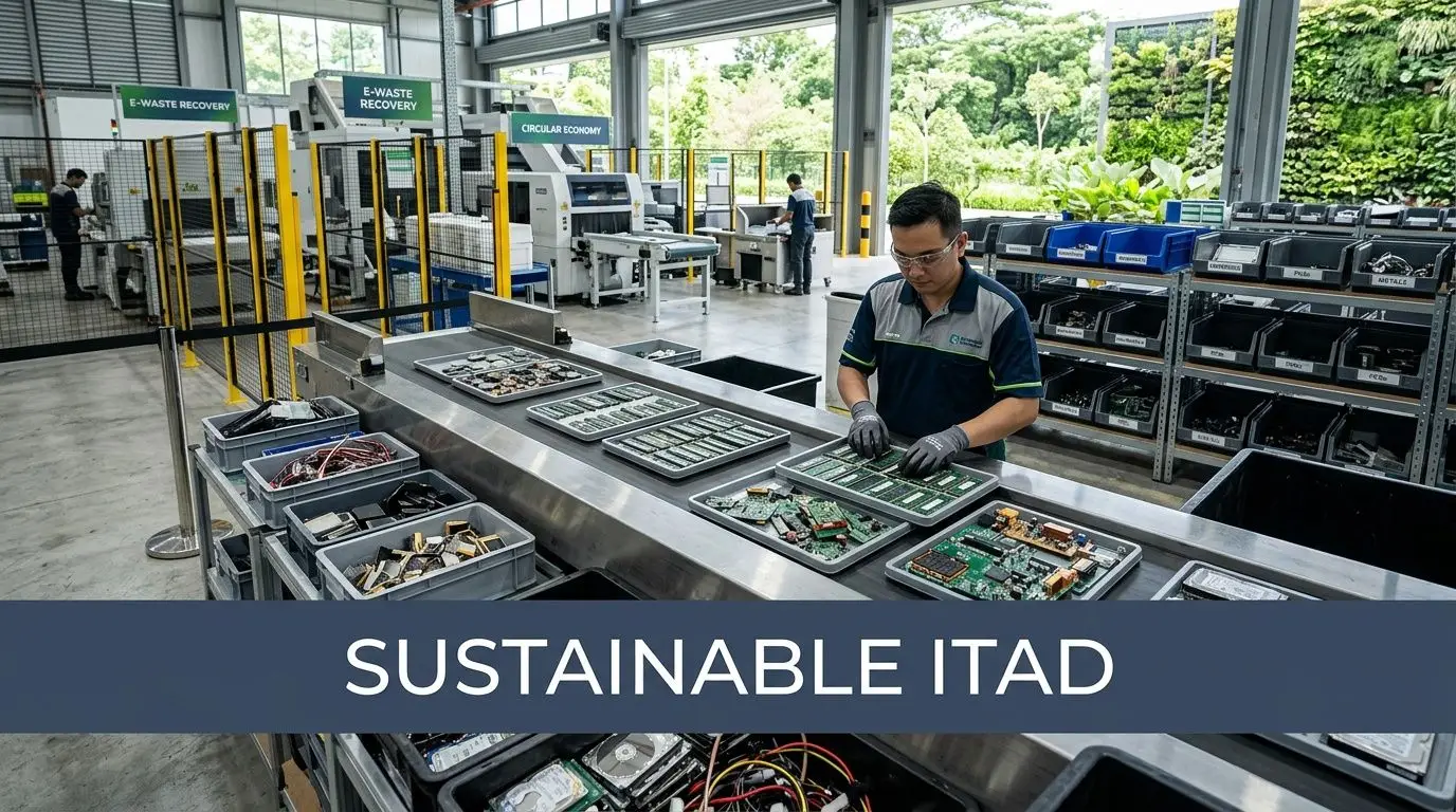 A technician wearing gloves sorting computer components on a conveyor belt in an e-waste recycling facility.