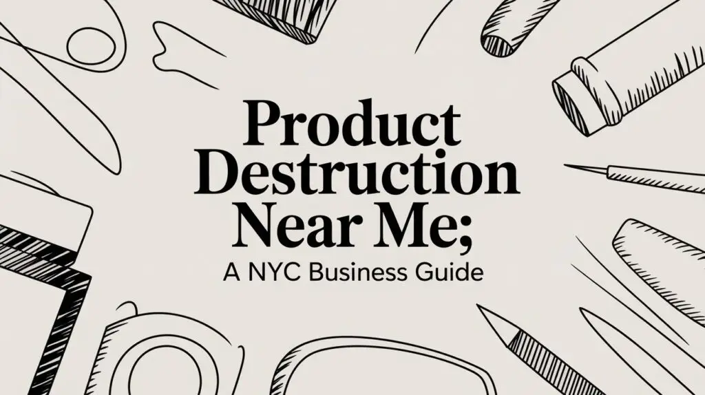 Text reads &ldquo;Product Destruction Near Me; A NYC Business Guide&rdquo; on a background with black line drawings of office supplies like a pen, scissors, tape, and a folder.