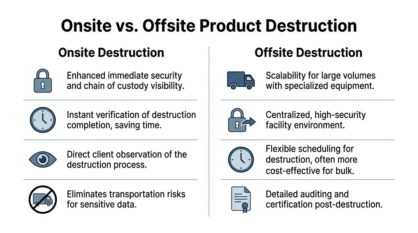 A comparison chart outlining the key benefits and differences between onsite and offsite product destruction services.
