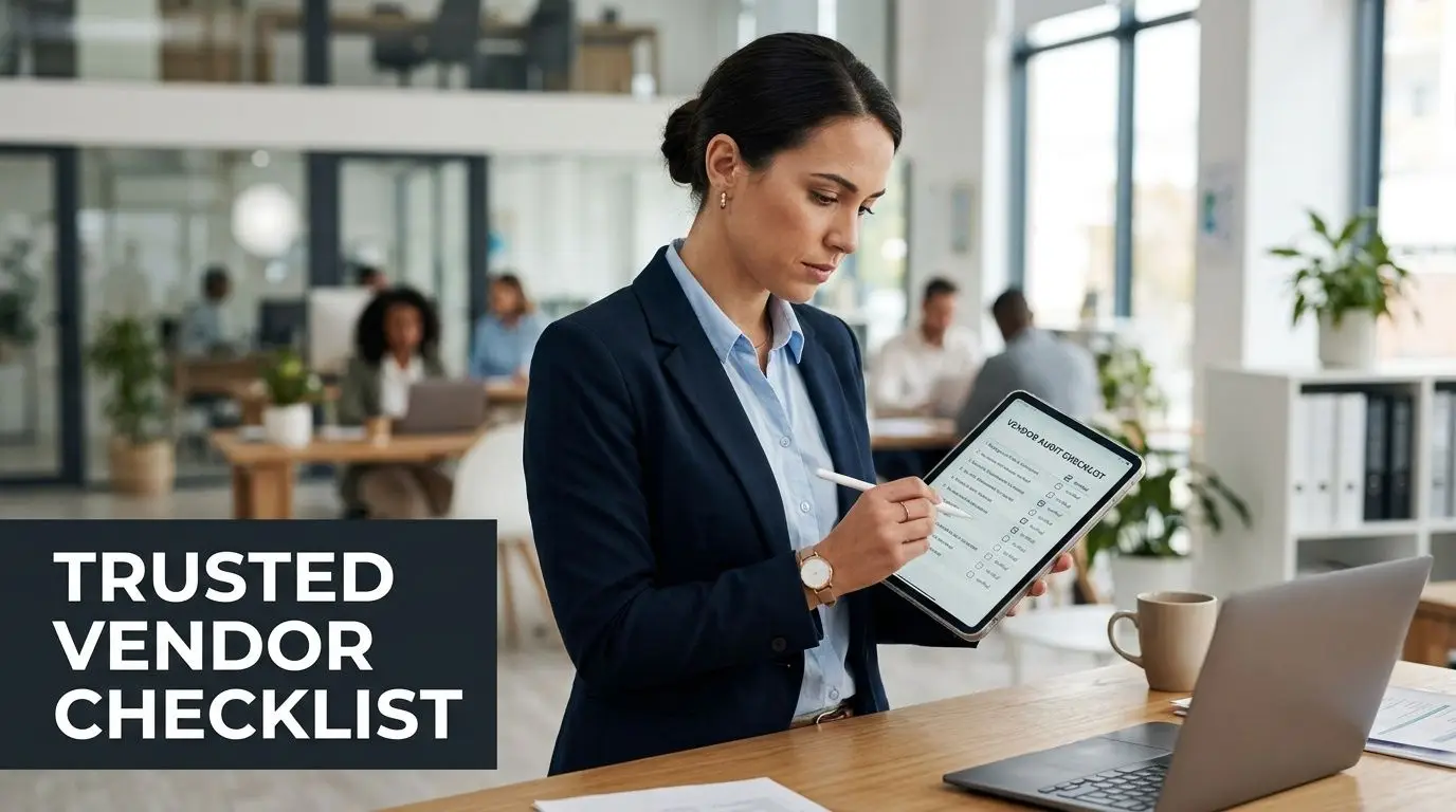 A professional woman in a suit using a stylus to check items on a tablet device at desk.