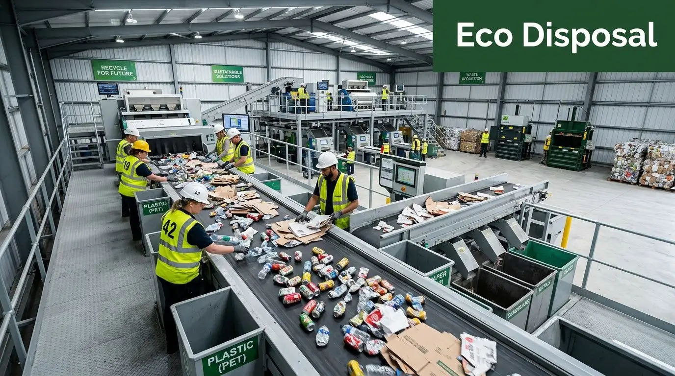 Workers in high-visibility safety vests sorting recyclable materials on a conveyor belt at a recycling facility.