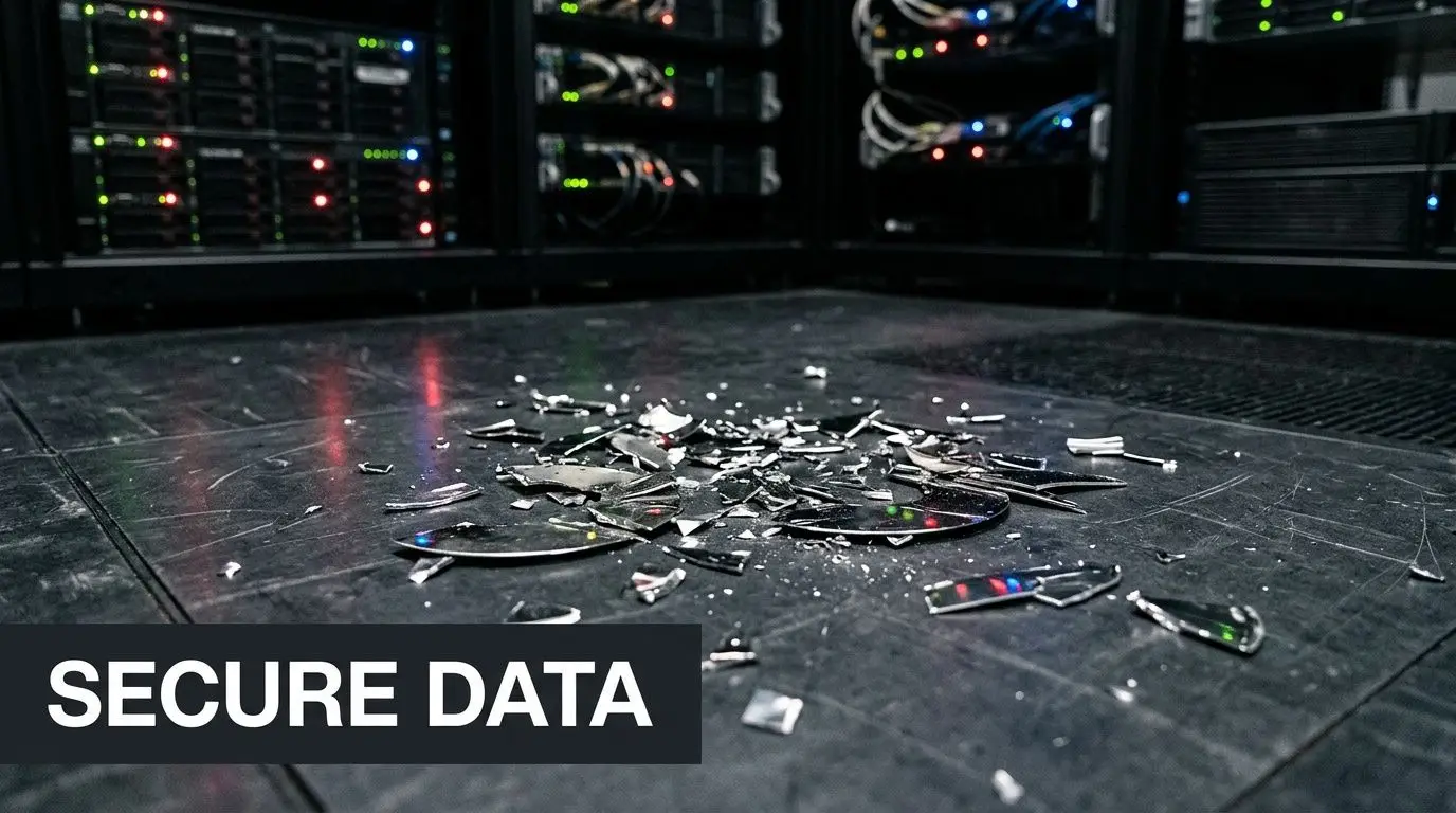 A broken hard drive platter lying on a dark floor in a server room.