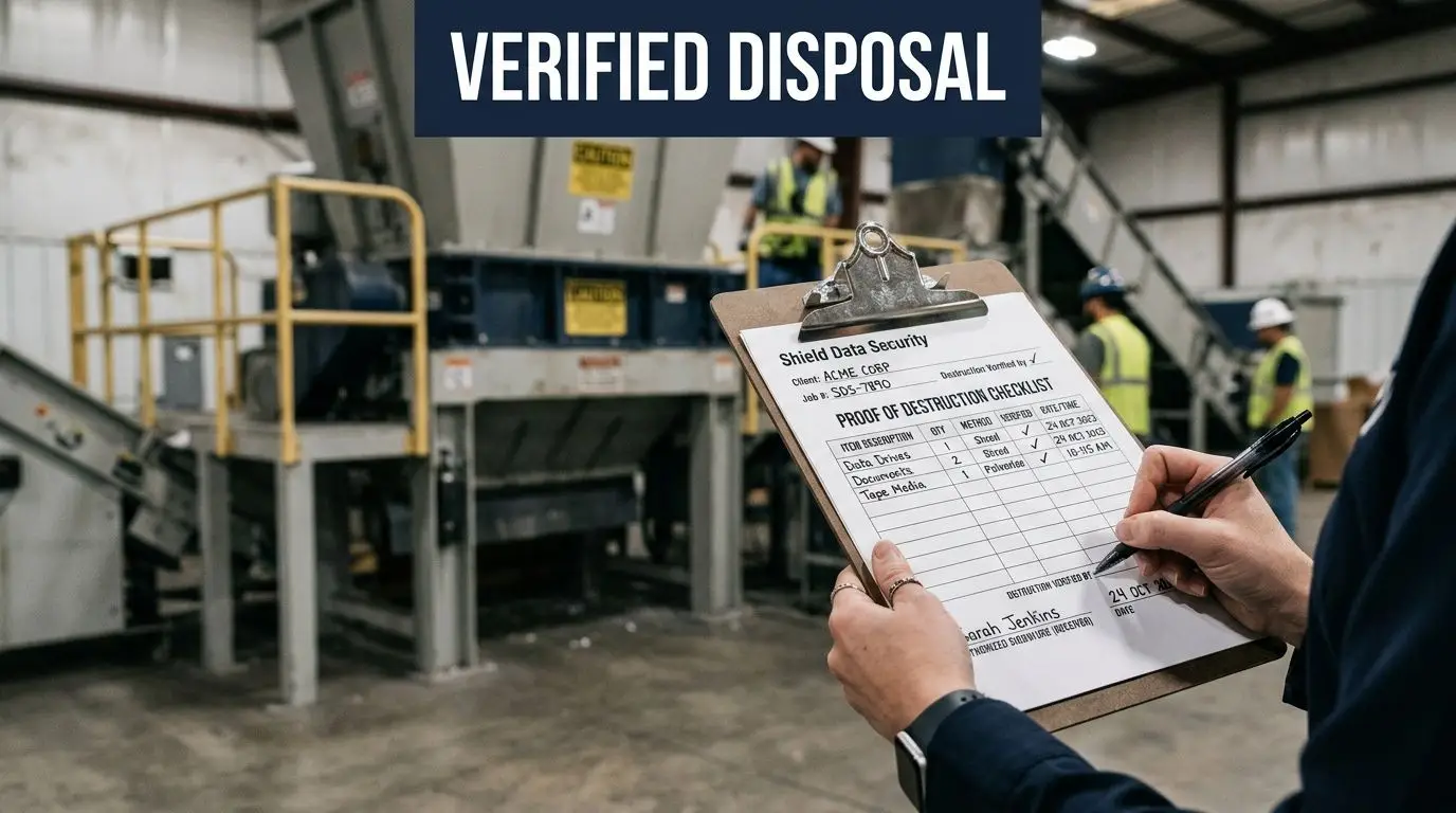 A professional completing a destruction checklist for data disposal services inside an industrial facility for secure recycling.