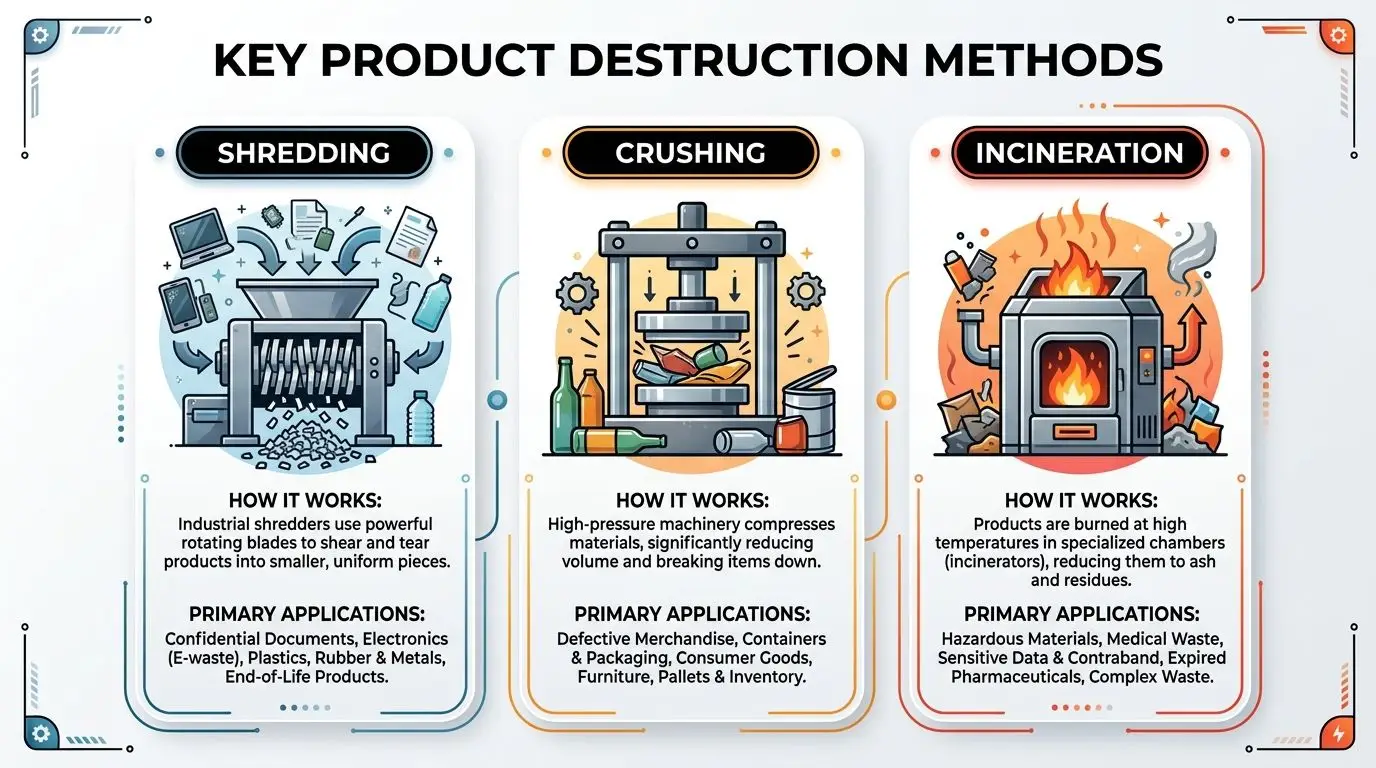 An infographic illustrating three key industrial product destruction methods: shredding, crushing, and incineration for secure disposal.