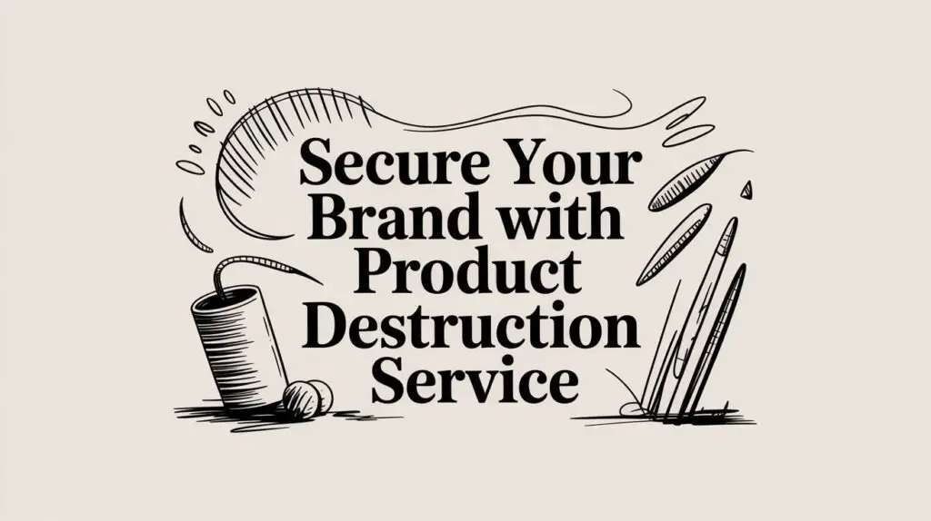 Black text reads "Secure Your Brand with Product Destruction Service" surrounded by hand-drawn illustrations of a crushed can, a ball, pencil, eraser, and dynamic lines on a light background.