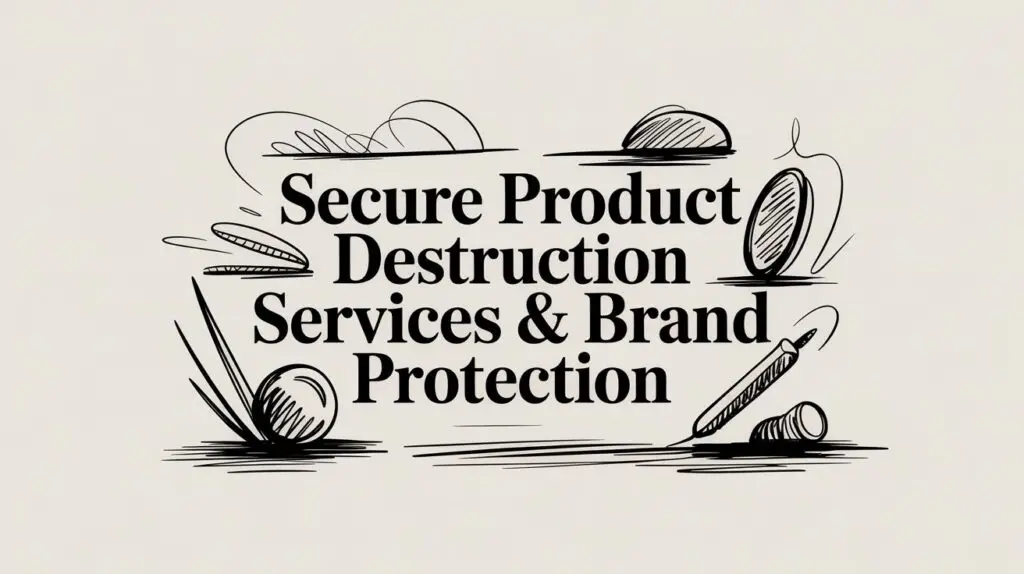 Hand-drawn black lines surround bold text reading &ldquo;Secure Product Destruction Services & Brand Protection&rdquo; on a light background. Sketches of circular and abstract shapes decorate the corners.