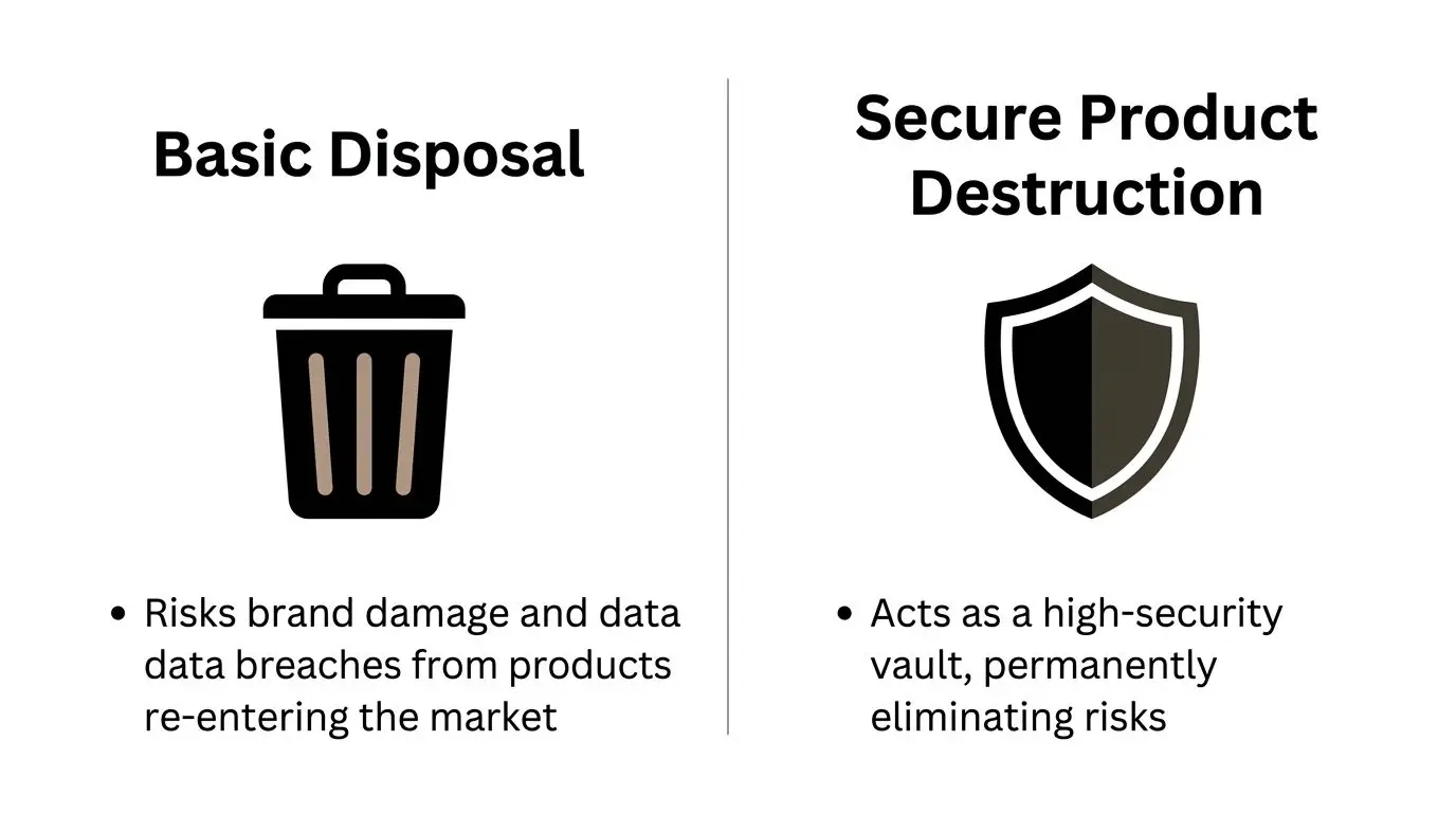 A comparison illustration between basic disposal showing risks and secure product destruction ensuring safety.