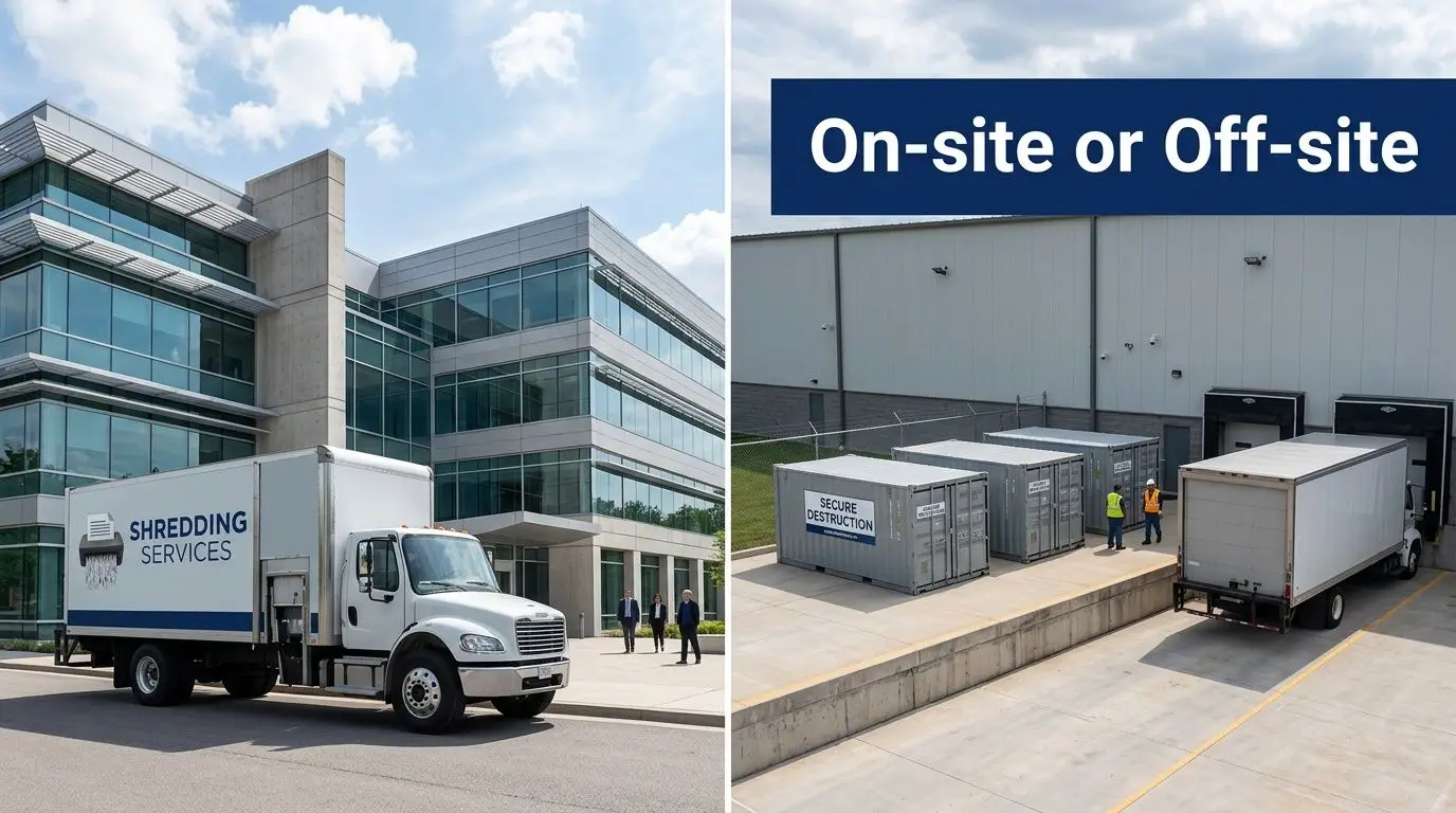 A split screen showing a professional shredding service truck at an office building and at a warehouse facility.
