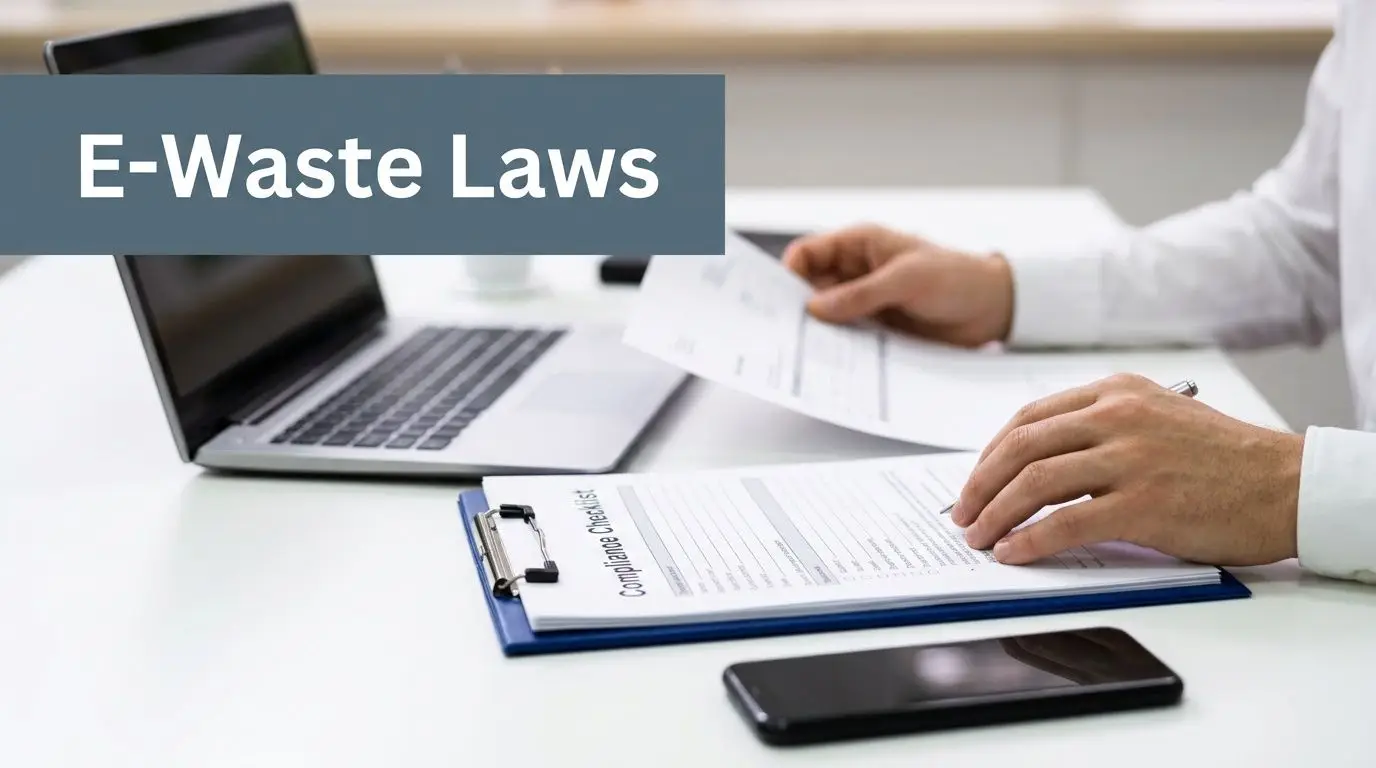 Professional reviewing a compliance checklist with a laptop and smartphone, featuring 'E-Waste Laws' text.