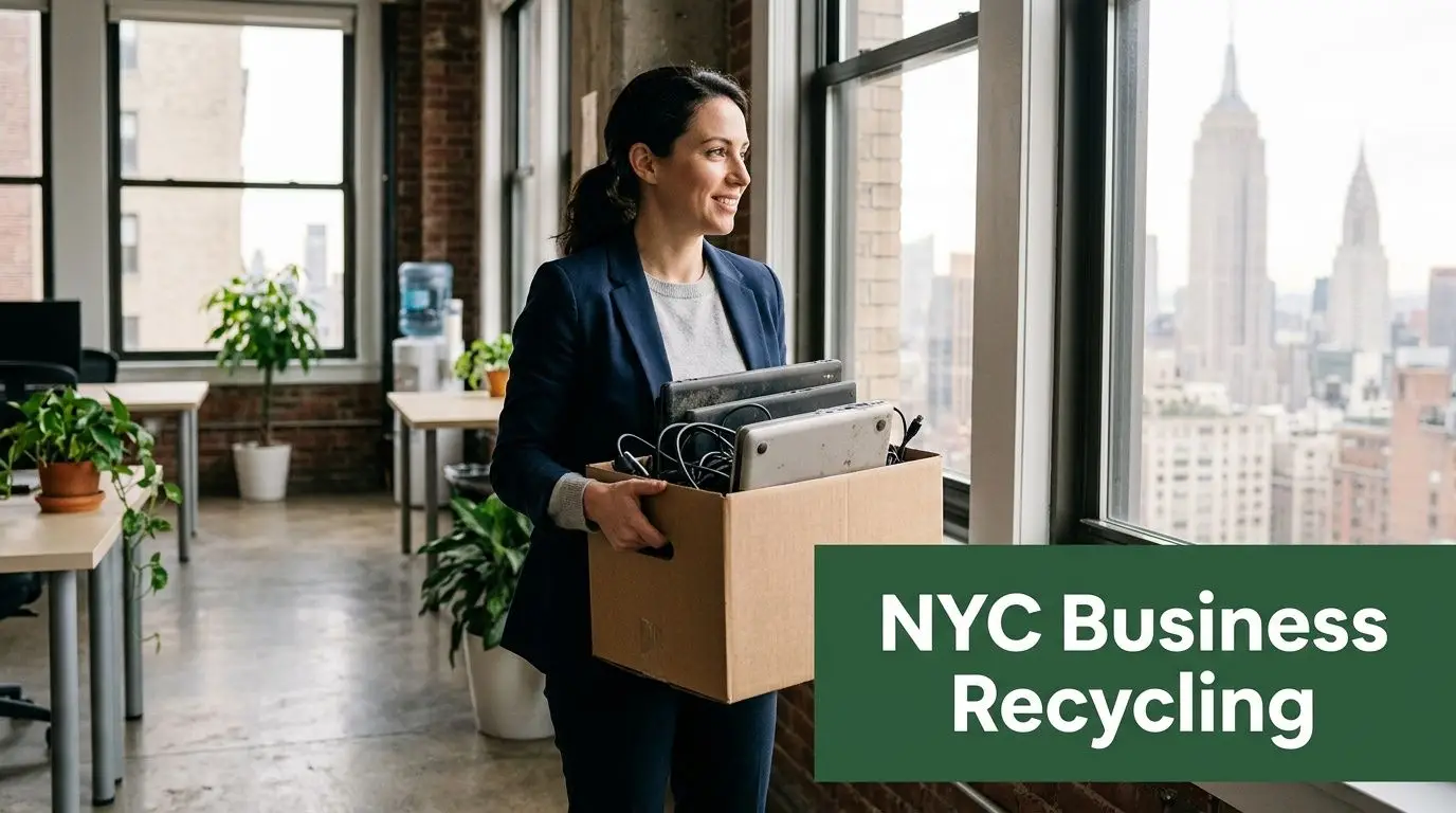 A smiling woman carries a box of old electronics for business recycling in an NYC office.
