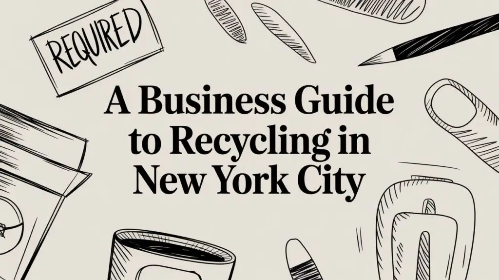 Text reads, "A Business Guide to Recycling in New York City" surrounded by sketched images of a recycling bin, pencil, can, paper, and a sign that says "REQUIRED" on a light background.
