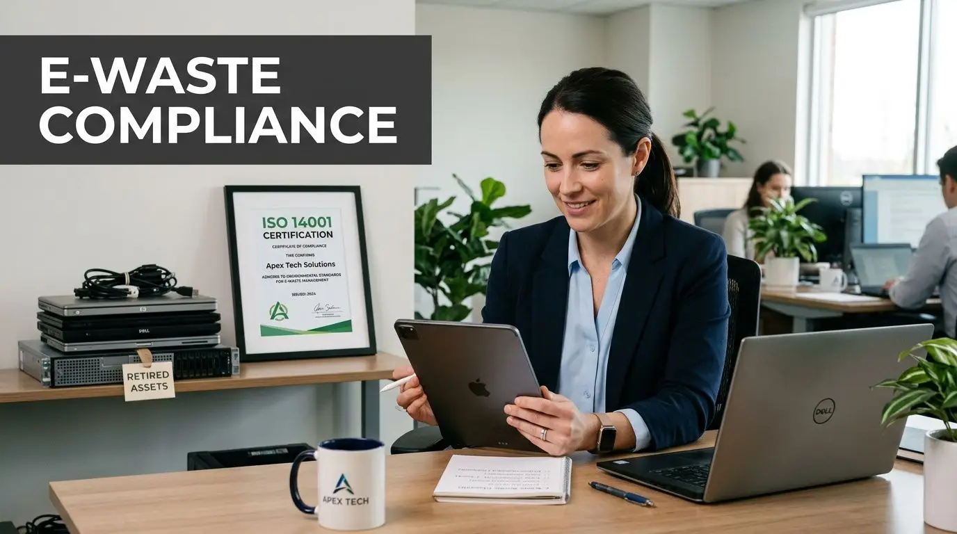 Businesswoman working in office with E-Waste Compliance sign and ISO 14001 certification for environmental management.