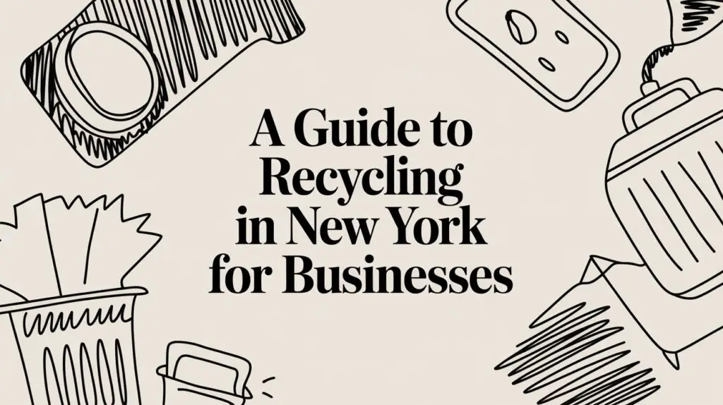 Text in the center reads &ldquo;A Guide to Recycling in New York for Businesses,&rdquo; surrounded by black line drawings of various recyclable items like bottles, cans, paper, and containers on a light background.